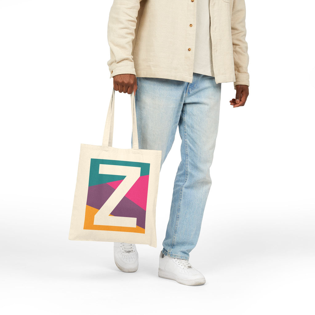 Initial Z Colorblock Canvas Tote Bag — Monogram Letter Z Reusable Grocery Tote