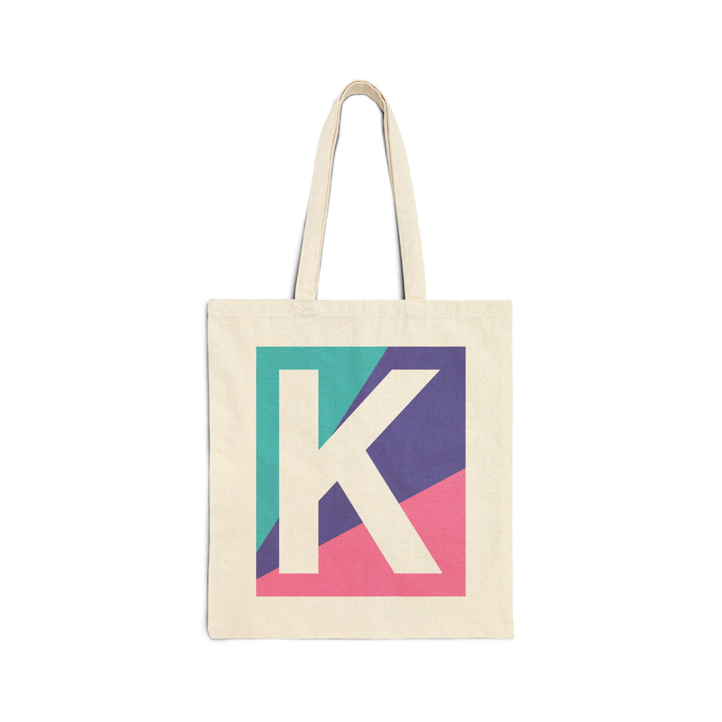Initial K Colorblock Canvas Tote Bag — Monogram Letter K Reusable Grocery Tote