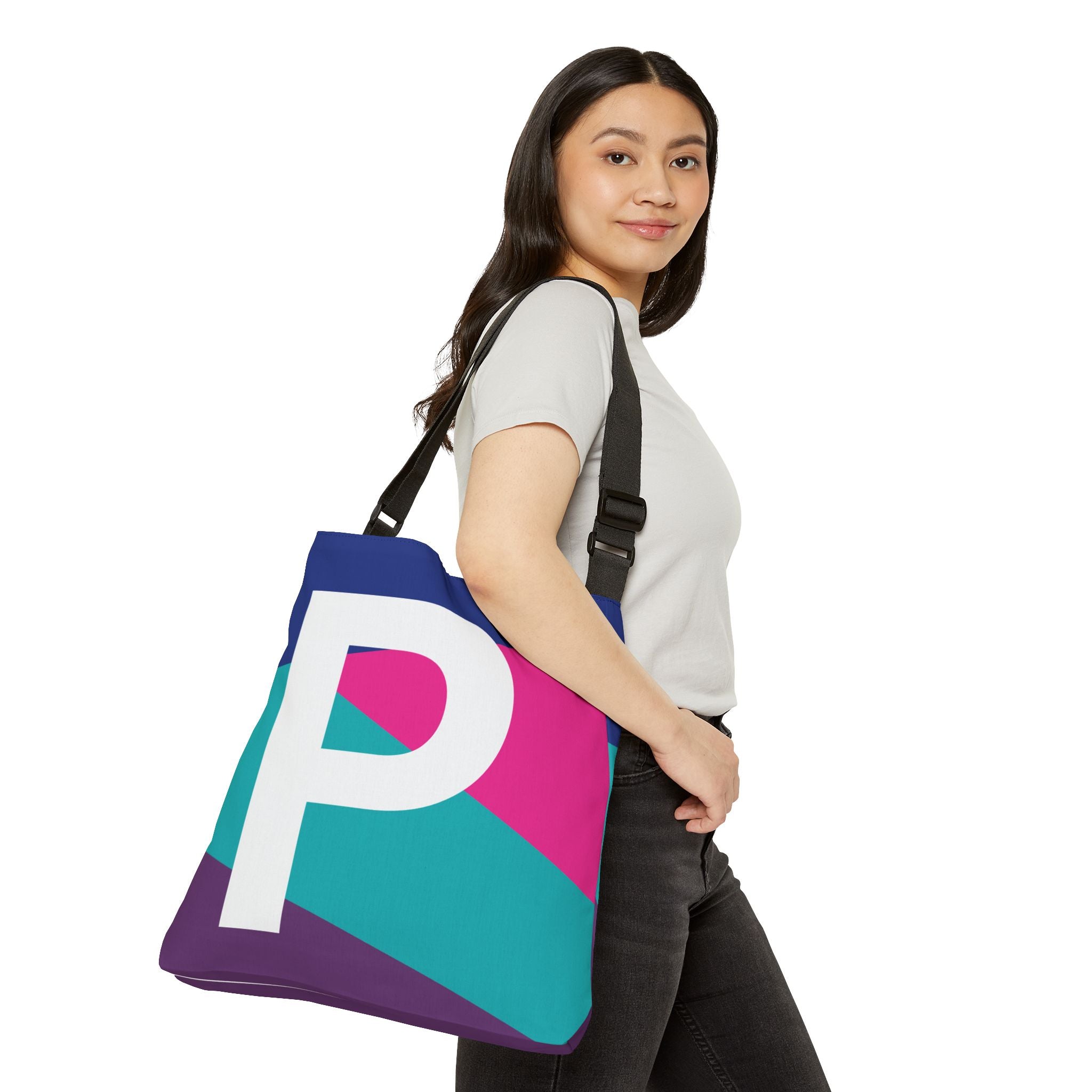 Initial Letter 'P' Colorblock Adjustable Tote Bag — Monogram Alphabet Shoulder Bag