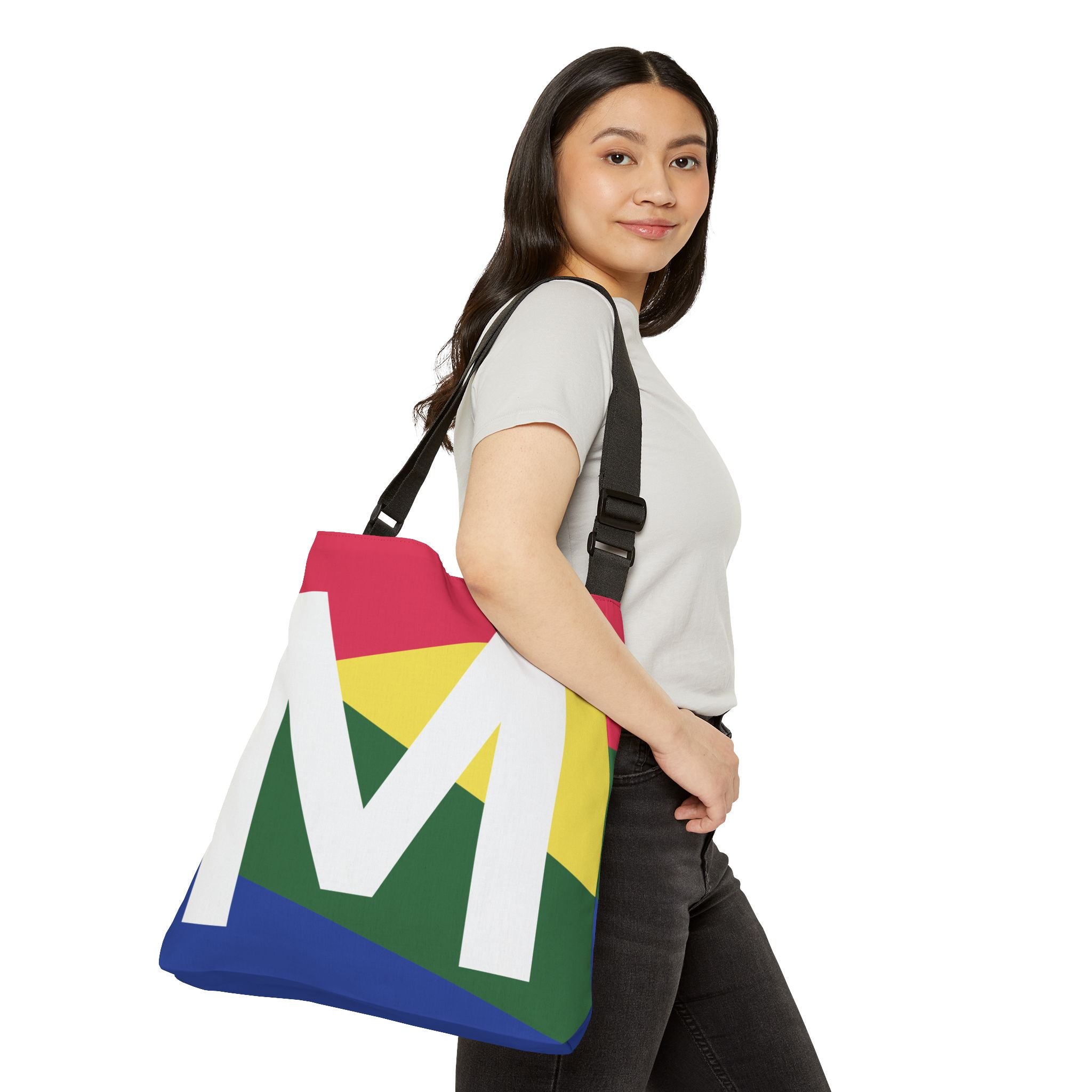 Initial Letter 'M' Colorblock Adjustable Tote Bag — Monogram Alphabet Shoulder Bag