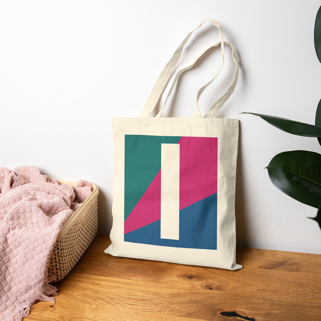 Initial I Colorblock Canvas Tote Bag — Monogram Letter I Reusable Grocery Tote