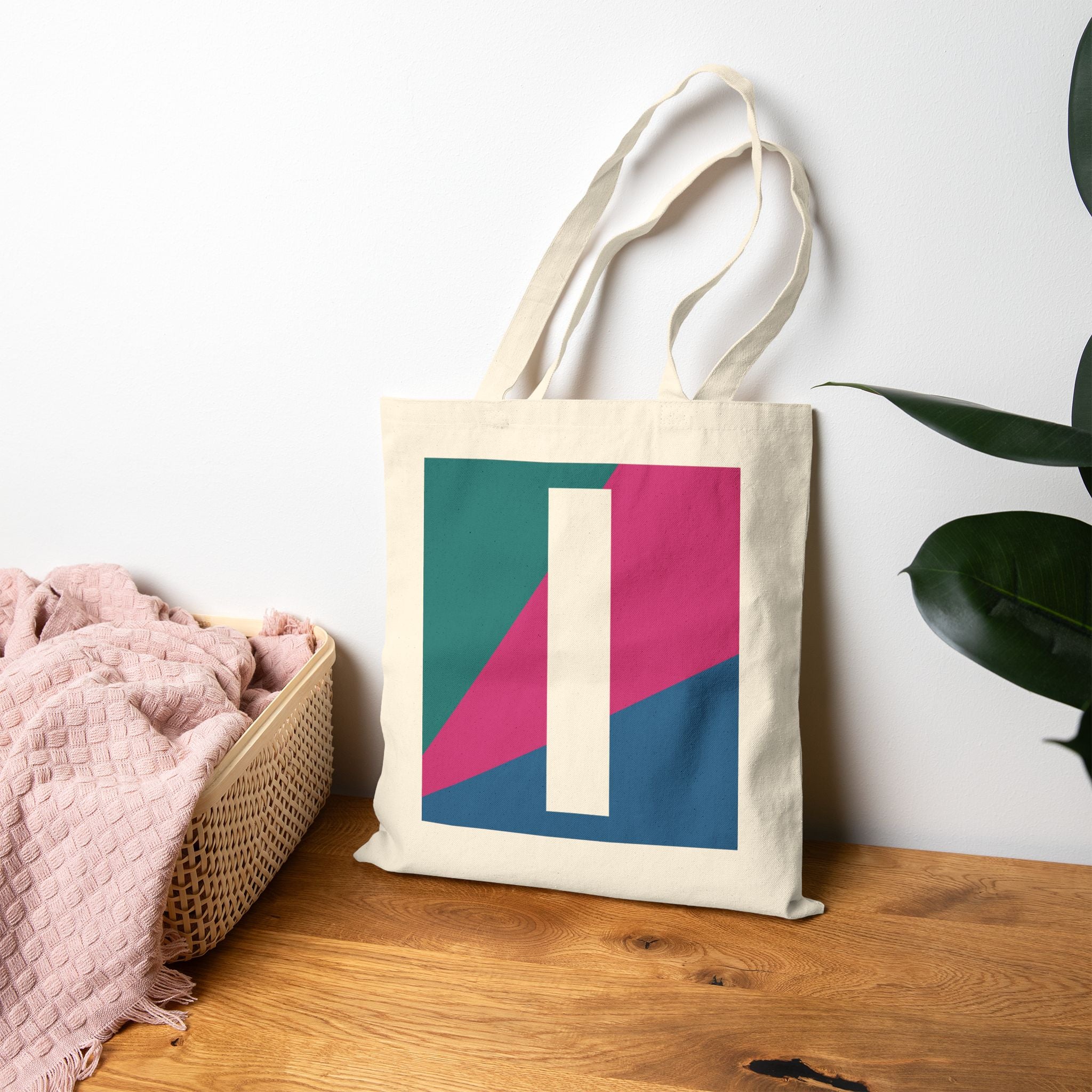 Initial I Colorblock Canvas Tote Bag — Monogram Letter I Reusable Grocery Tote