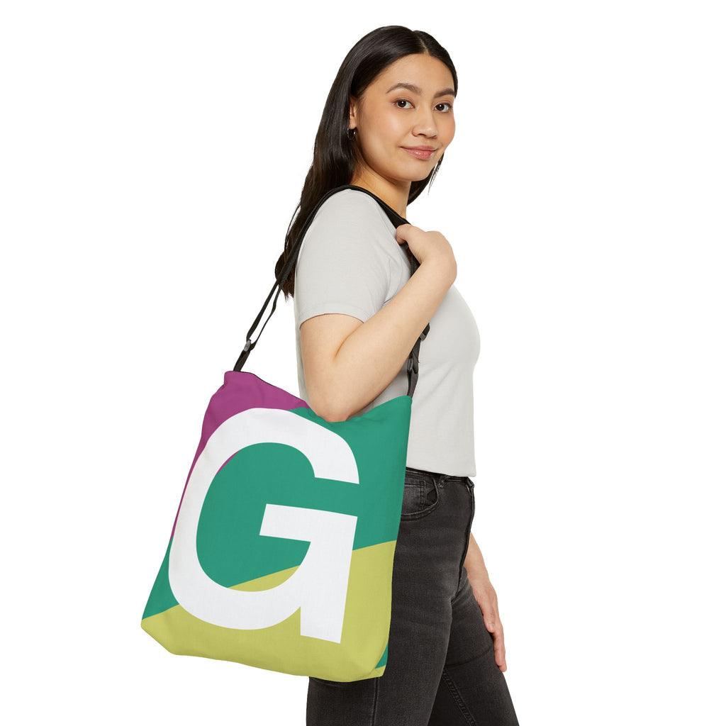Initial Letter 'G' Colorblock Adjustable Tote Bag — Monogram Alphabet Shoulder Bag