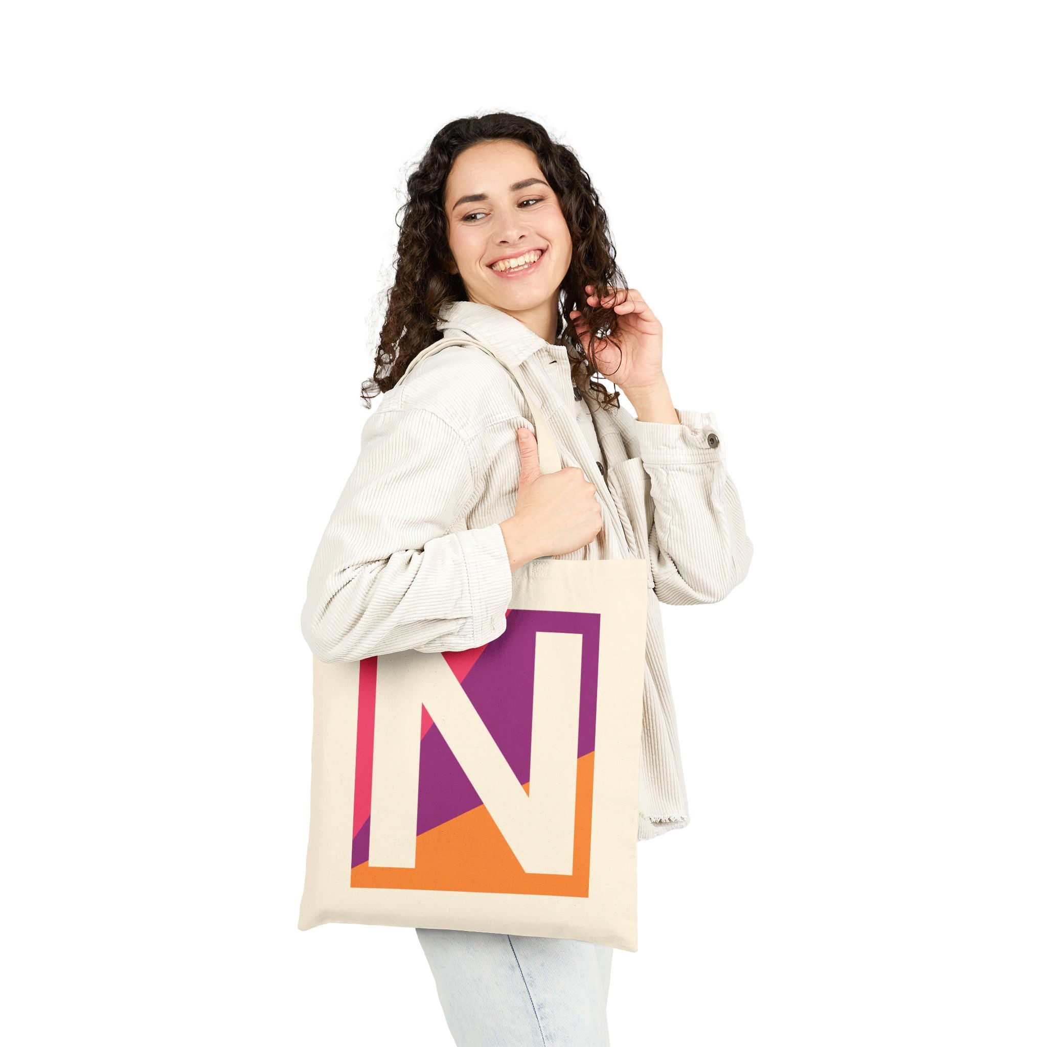 Initial N Colorblock Canvas Tote Bag — Monogram Letter N Reusable Grocery Tote