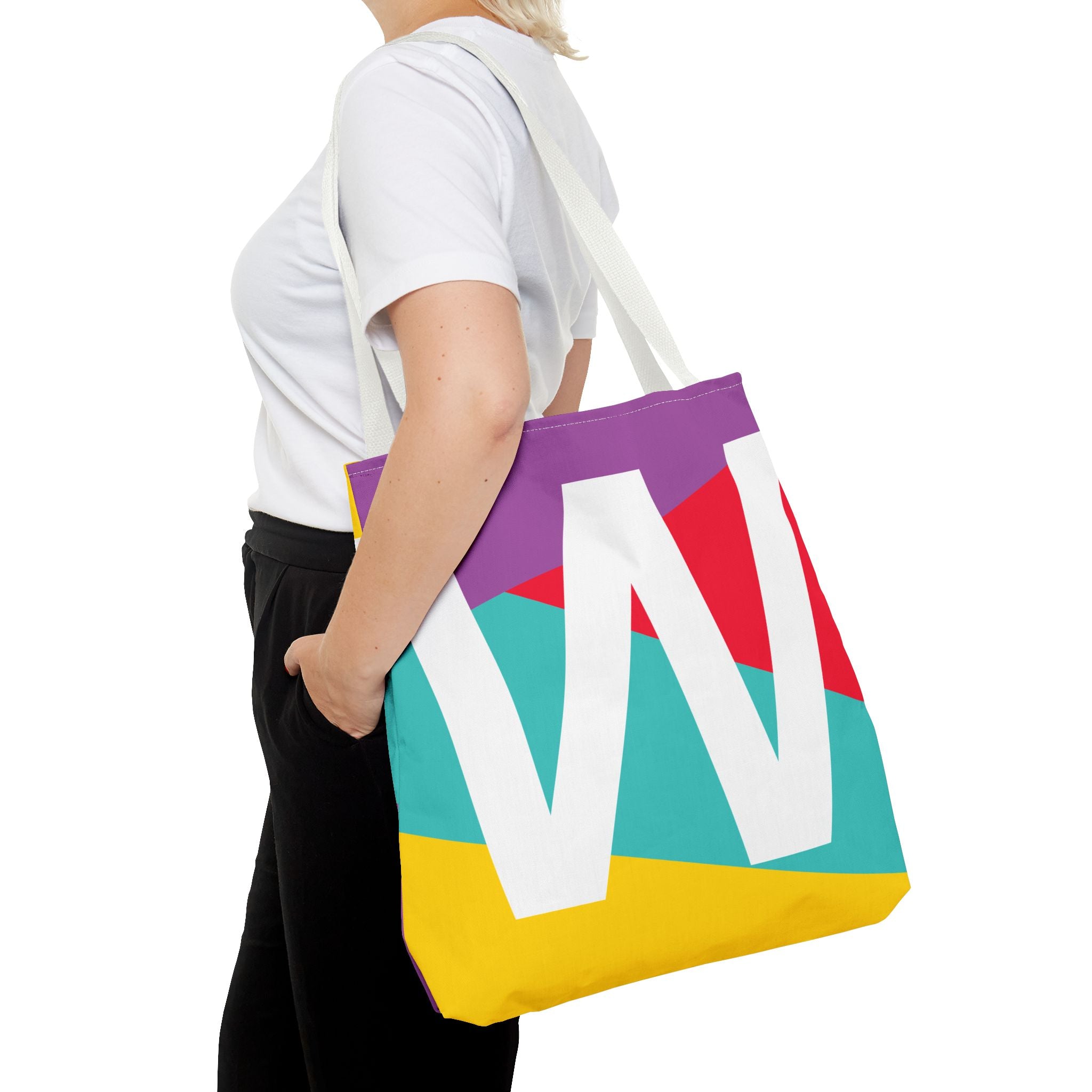 Monogram 'W' Colorblock Tote Bag — Personalized Initial W Shoulder Tote