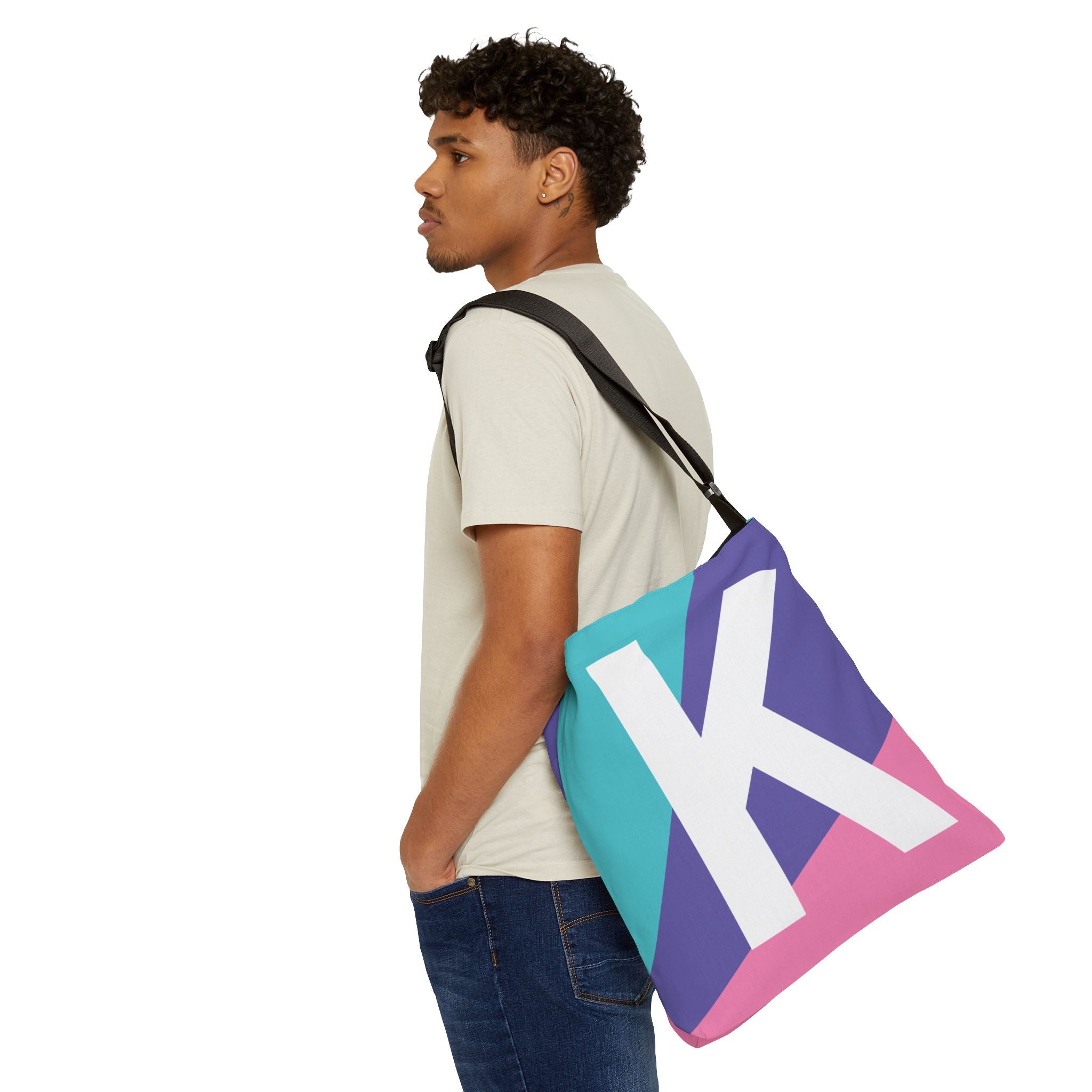 Initial Letter 'K' Colorblock Adjustable Tote Bag — Monogram Alphabet Shoulder Bag