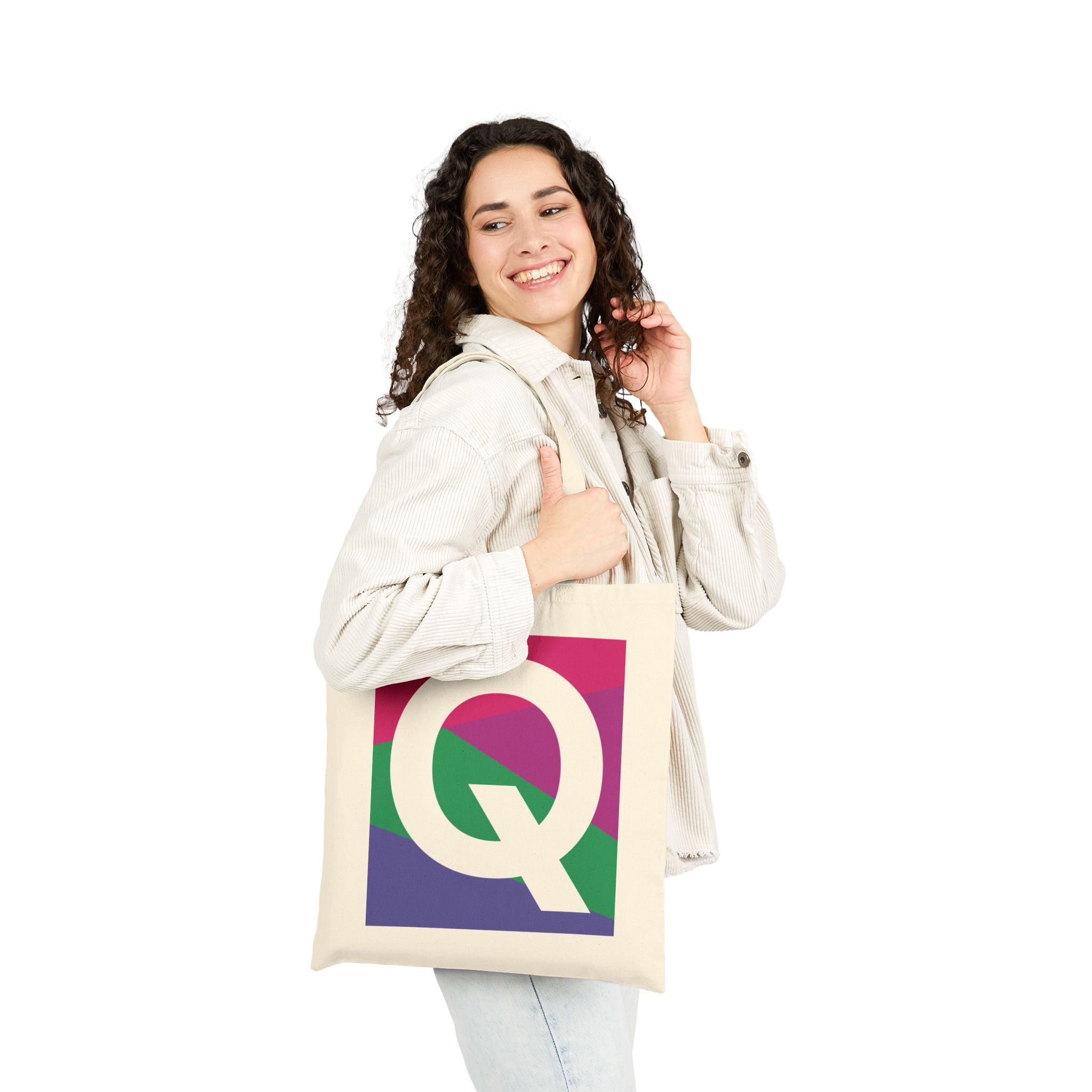 Initial Q Colorblock Canvas Tote Bag — Monogram Letter Q Reusable Grocery Tote