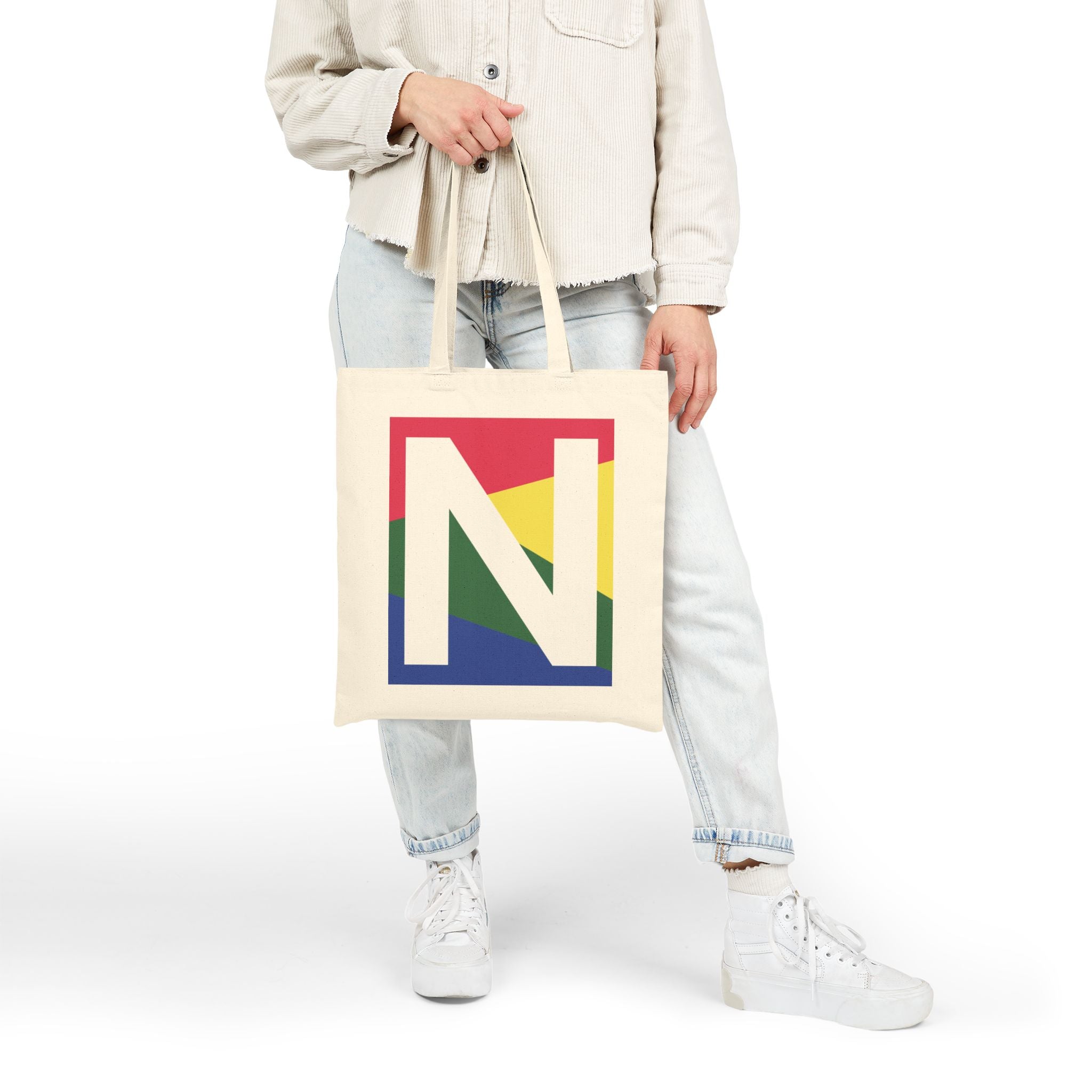 Initial N Colorblock Canvas Tote Bag — Monogram Letter N Reusable Grocery Tote