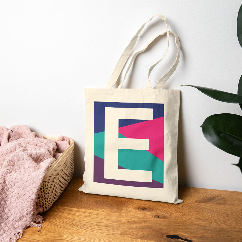 Initial E Colorblock Canvas Tote Bag — Monogram Letter E Reusable Grocery Tote
