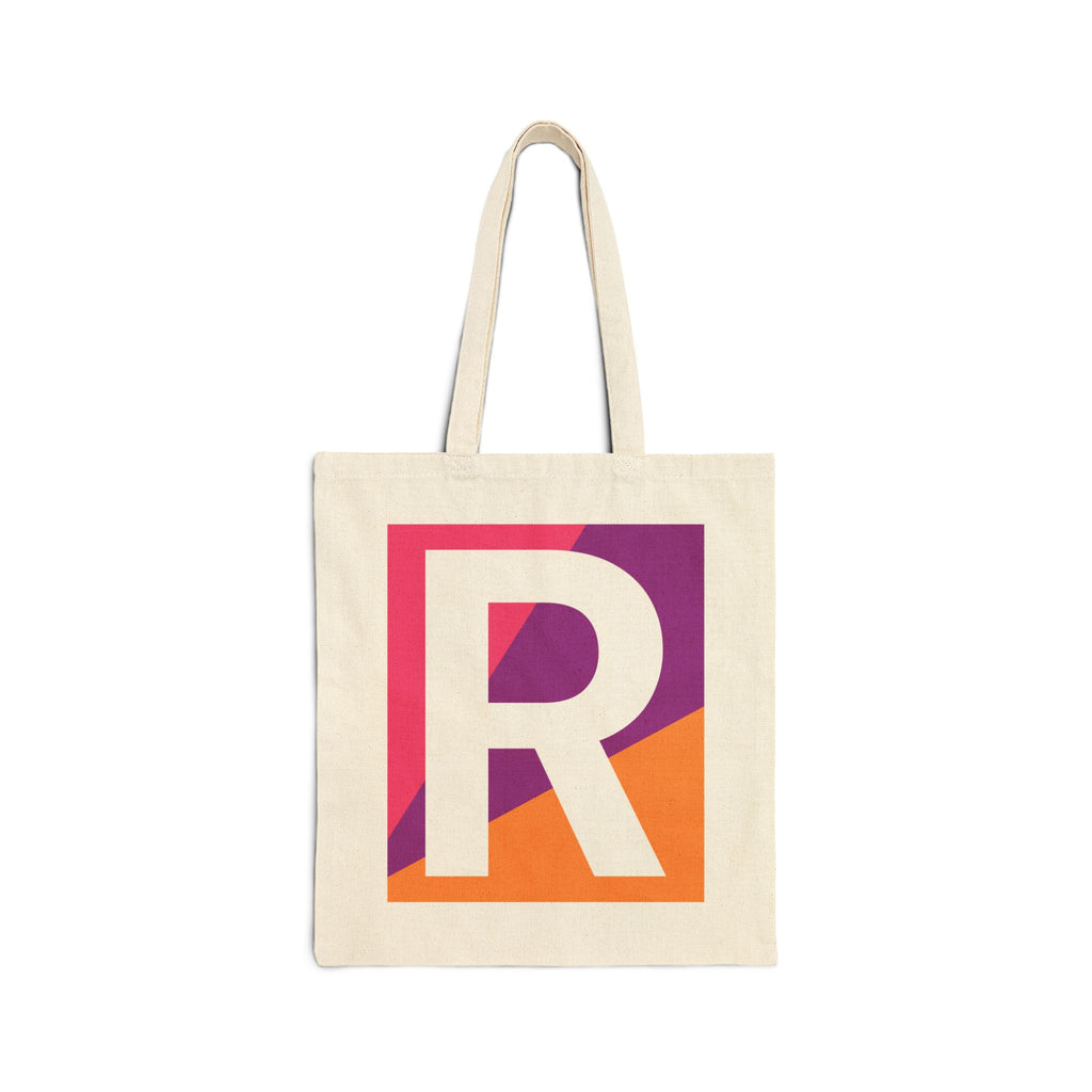 Initial R Colorblock Canvas Tote Bag — Monogram Letter R Reusable Grocery Tote