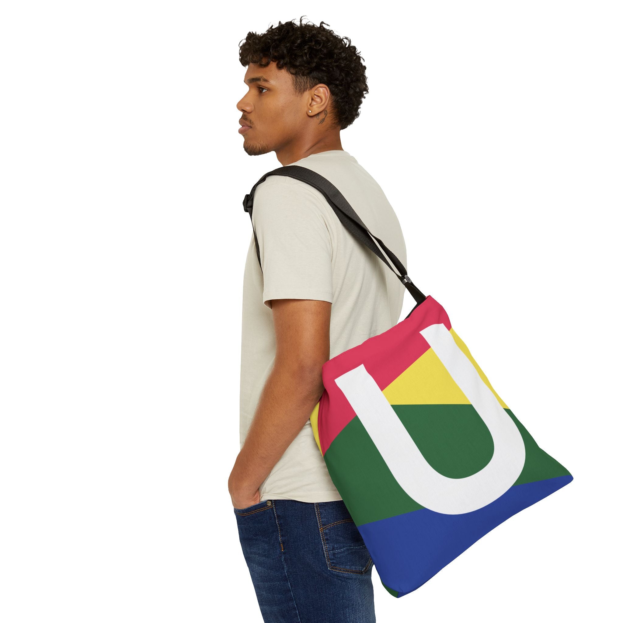 Initial Letter 'U' Colorblock Adjustable Tote Bag — Monogram Alphabet Shoulder Bag