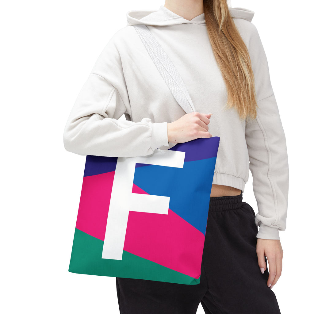 Monogram 'F' Colorblock Tote Bag — Personalized Initial F Shoulder Tote