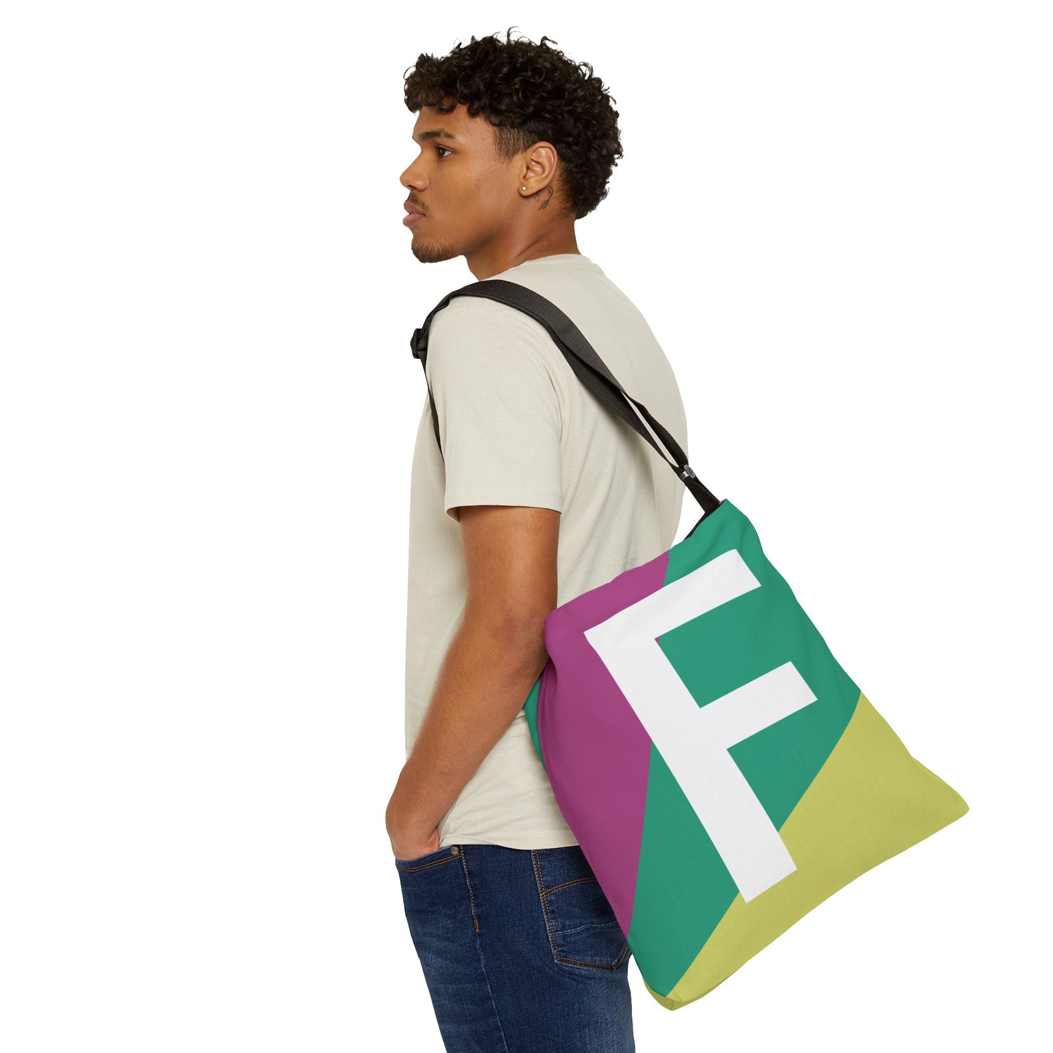 Initial Letter 'F' Colorblock Adjustable Tote Bag — Monogram Alphabet Shoulder Bag