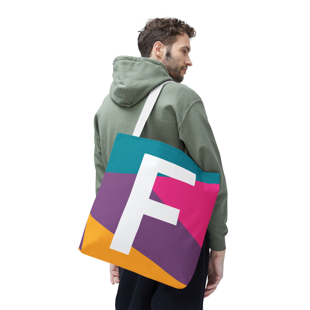 Monogram 'F' Colorblock Tote Bag — Personalized Initial F Shoulder Tote
