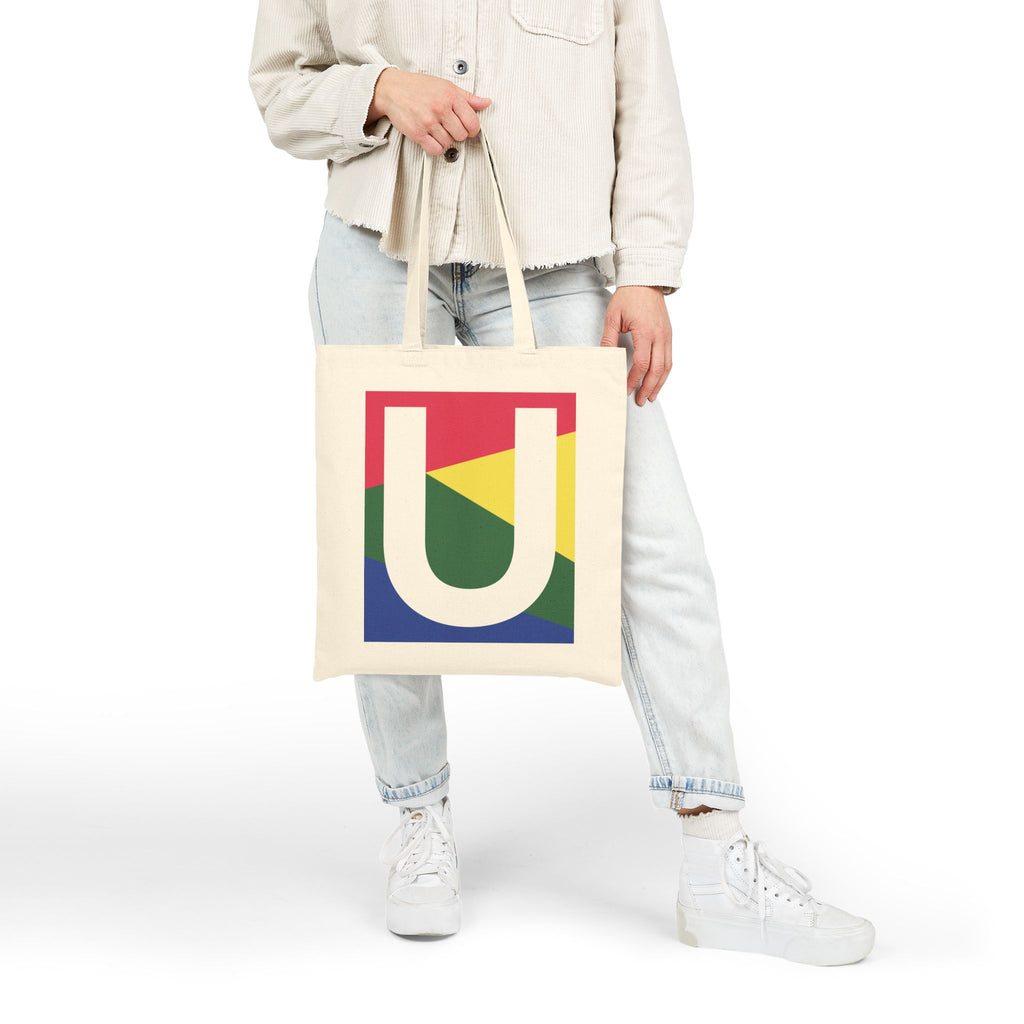 Initial U Colorblock Canvas Tote Bag — Monogram Letter U Reusable Grocery Tote