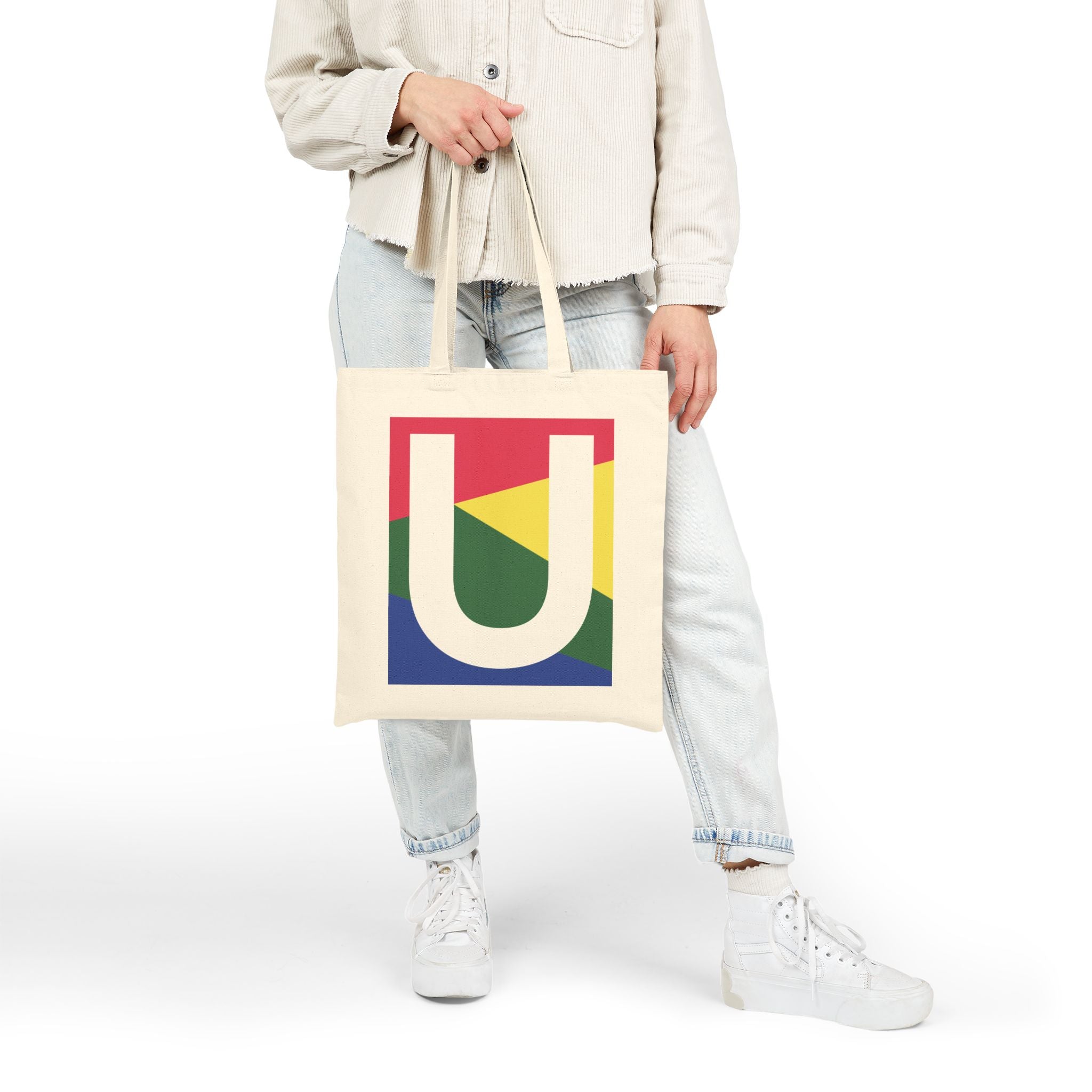 Initial U Colorblock Canvas Tote Bag — Monogram Letter U Reusable Grocery Tote