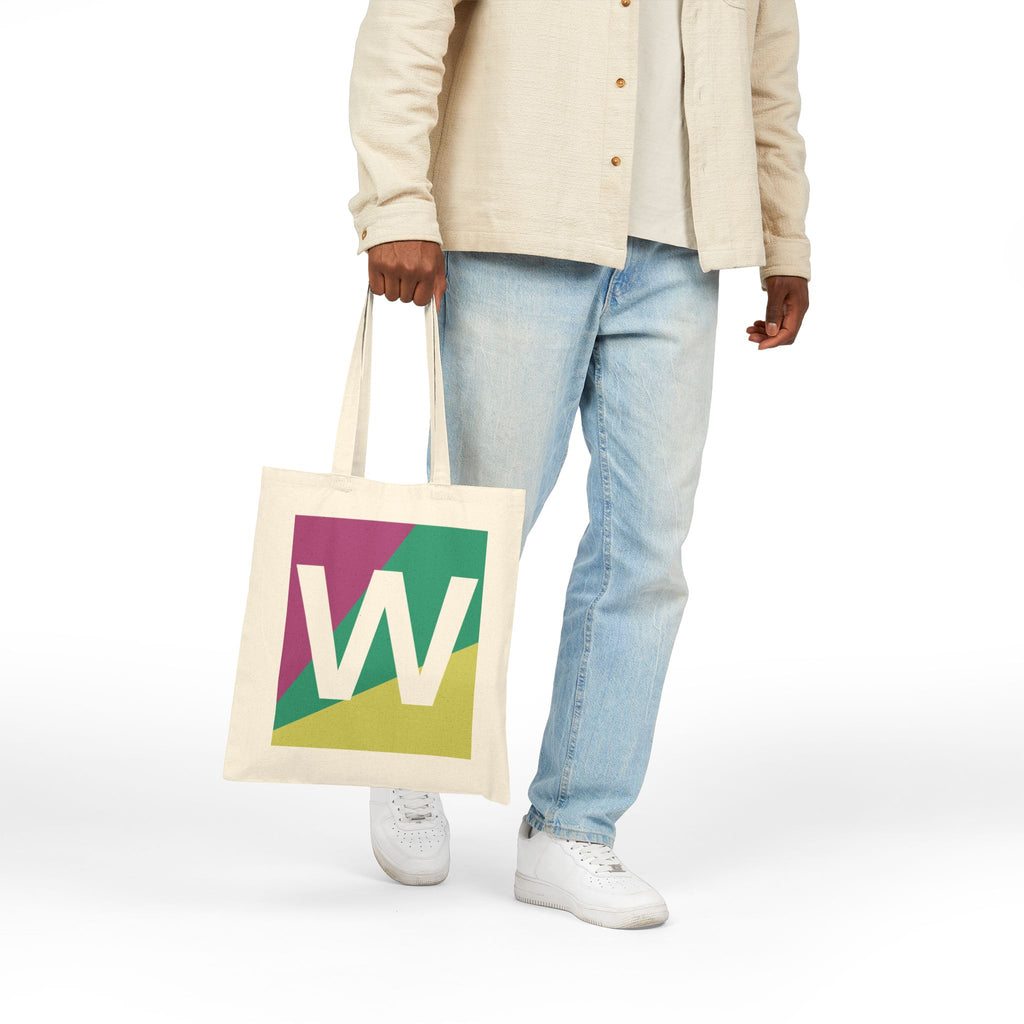 Initial W Colorblock Canvas Tote Bag — Monogram Letter W Reusable Grocery Tote