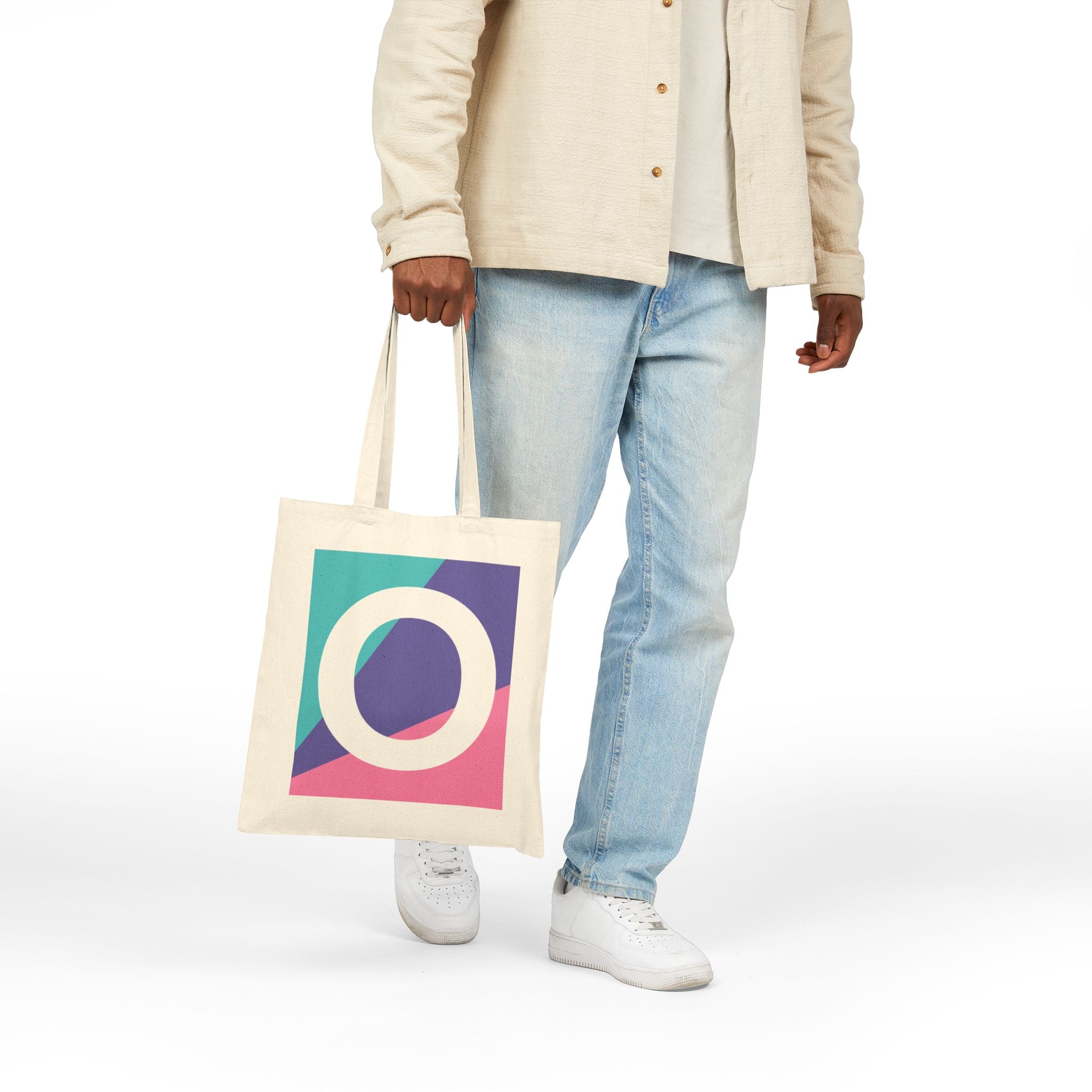 Initial O Colorblock Canvas Tote Bag — Monogram Letter O Reusable Grocery Tote