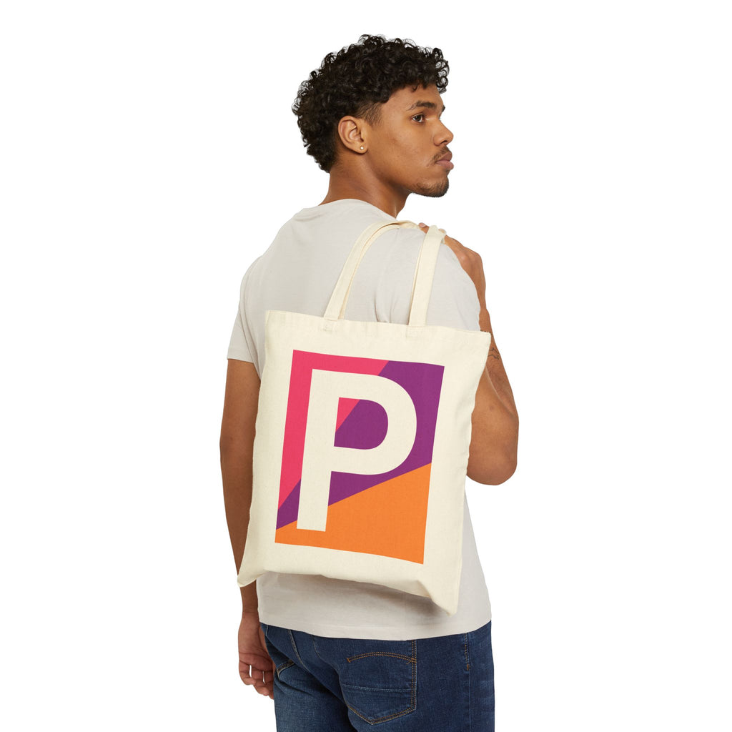 Initial P Colorblock Canvas Tote Bag — Monogram Letter P Reusable Grocery Tote