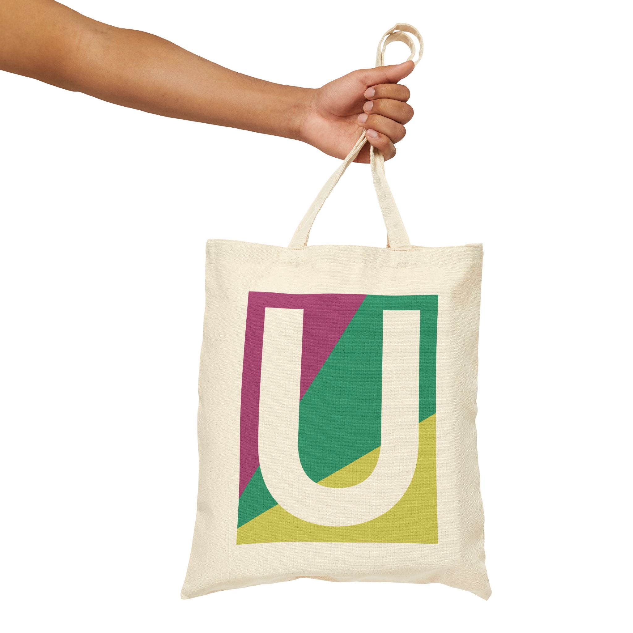 Initial U Colorblock Canvas Tote Bag — Monogram Letter U Reusable Grocery Tote