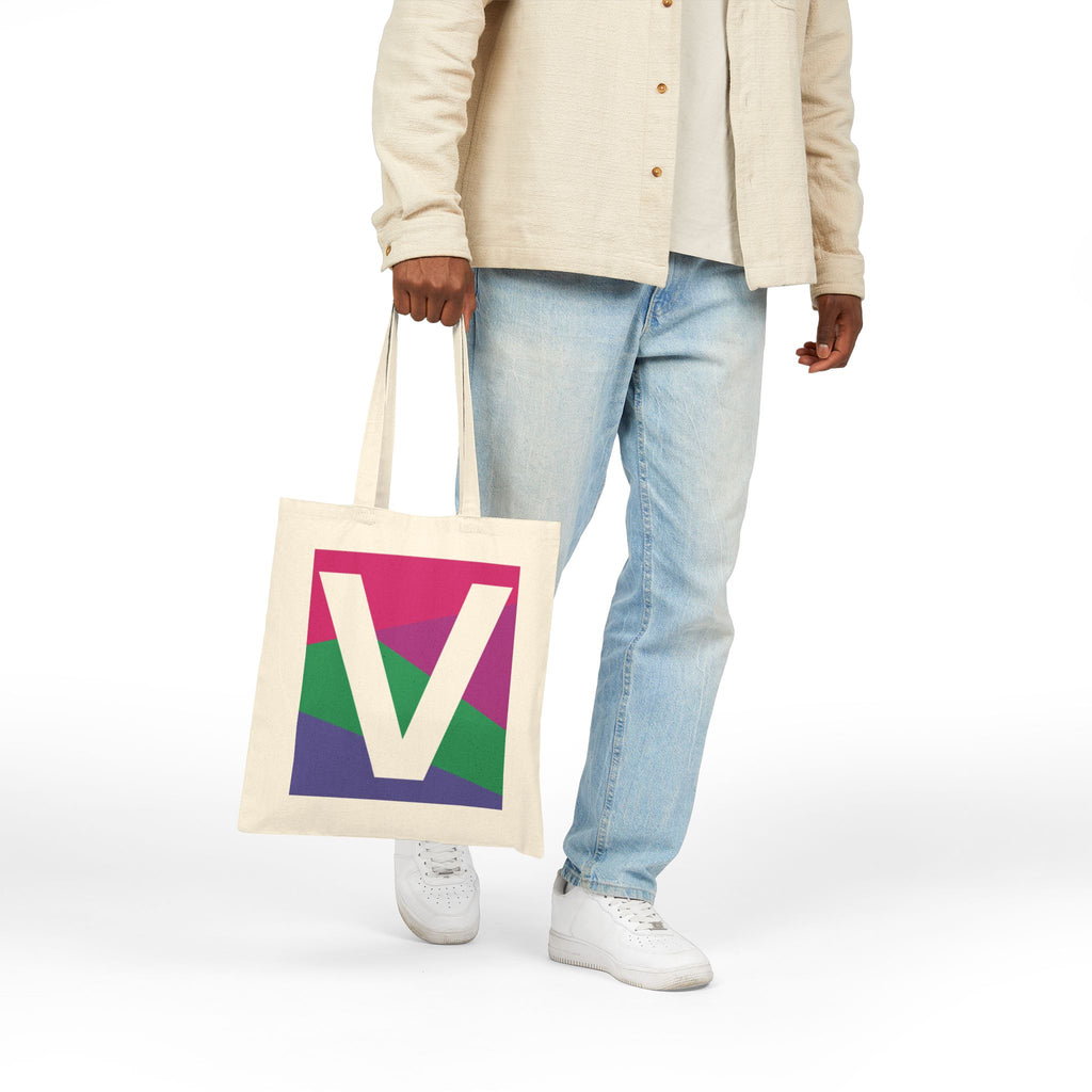 Initial V Colorblock Canvas Tote Bag — Monogram Letter V Reusable Grocery Tote
