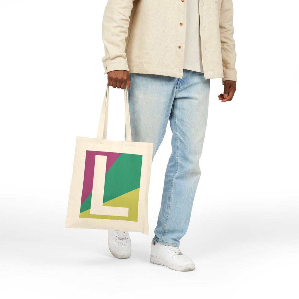 Initial L Colorblock Canvas Tote Bag — Monogram Letter L Reusable Grocery Tote
