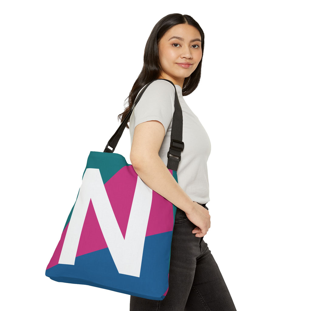 Initial Letter 'N' Colorblock Adjustable Tote Bag — Monogram Alphabet Shoulder Bag