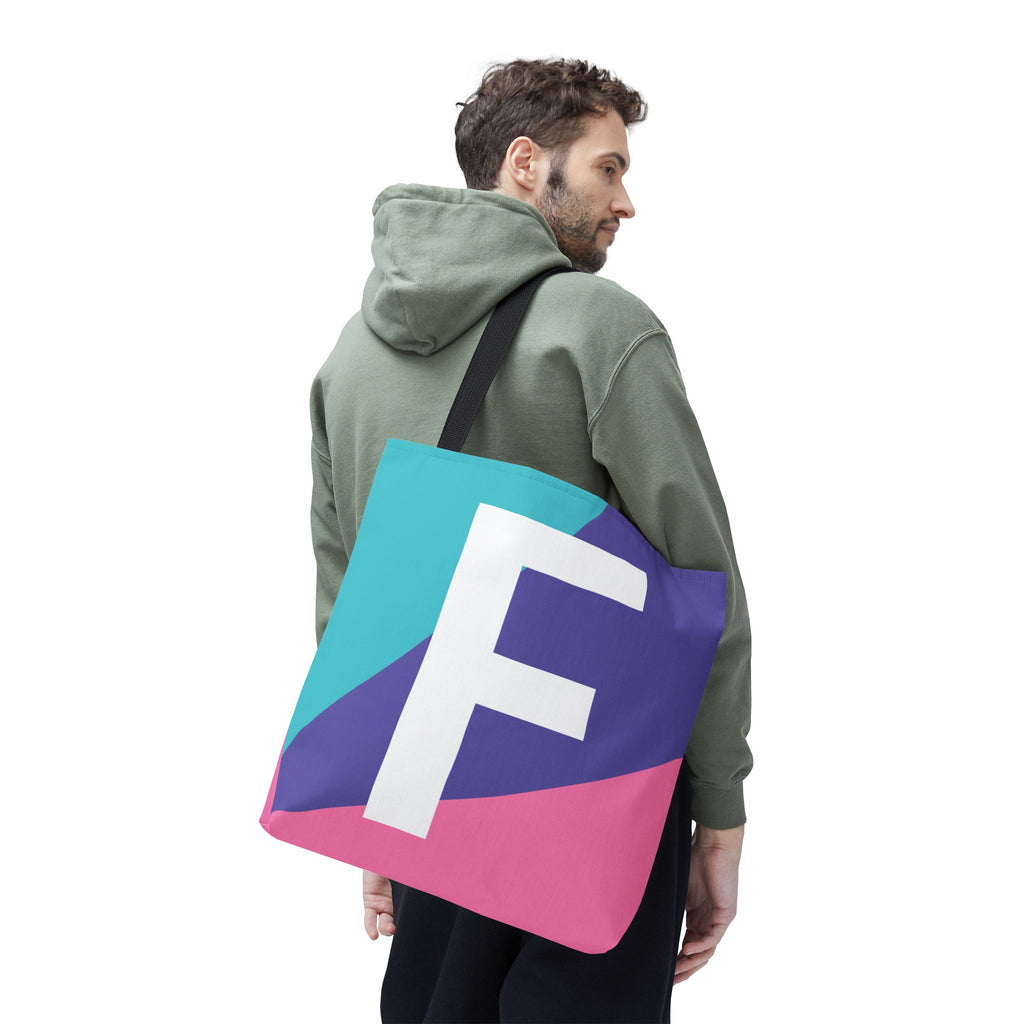 Monogram 'F' Colorblock Tote Bag — Personalized Initial F Shoulder Tote