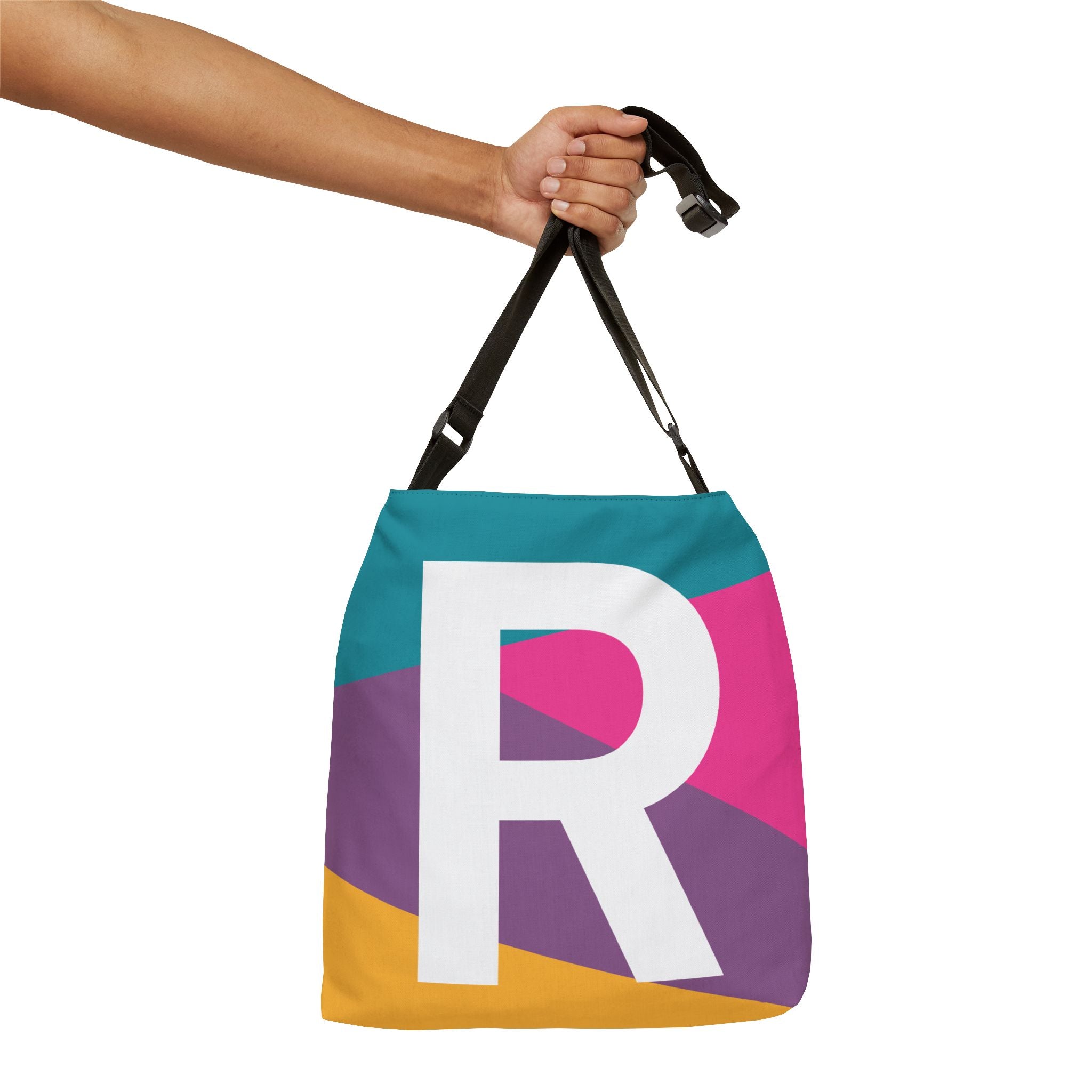 Initial Letter 'R' Colorblock Adjustable Tote Bag — Monogram Alphabet Shoulder Bag