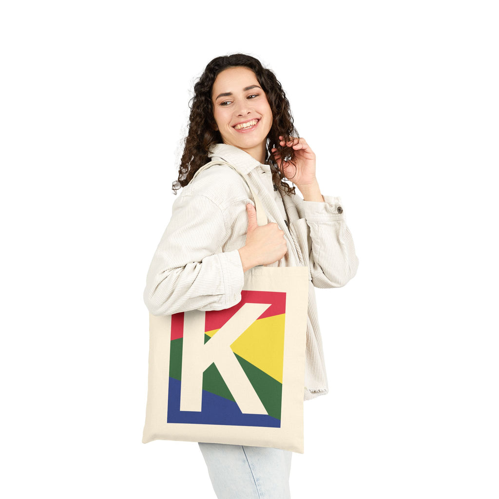 Initial K Colorblock Canvas Tote Bag — Monogram Letter K Reusable Grocery Tote
