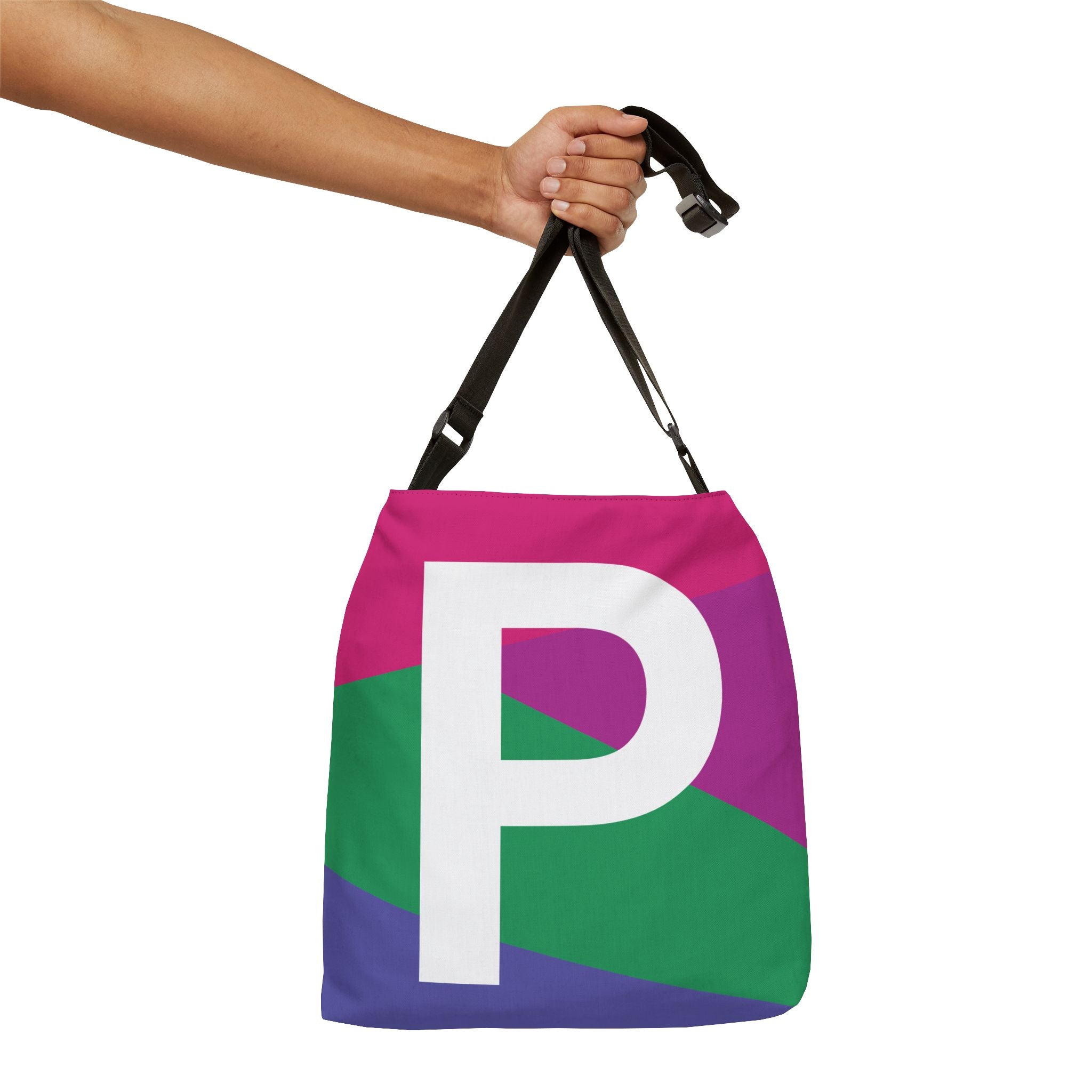 Initial Letter 'P' Colorblock Adjustable Tote Bag — Monogram Alphabet Shoulder Bag