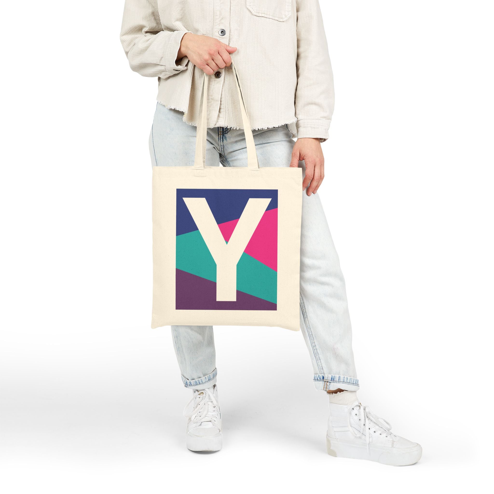 Initial Y Colorblock Canvas Tote Bag — Monogram Letter Y Reusable Grocery Tote