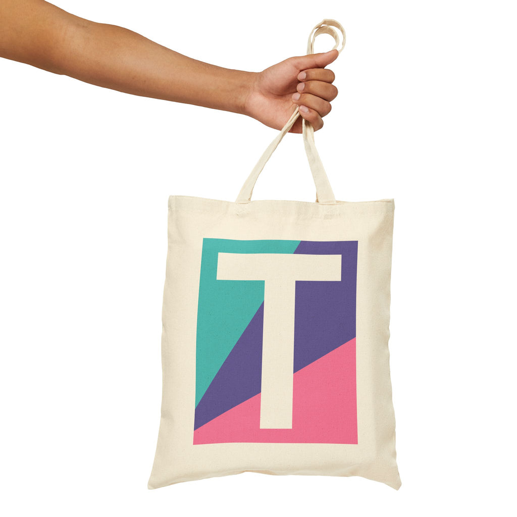 Initial T Colorblock Canvas Tote Bag — Monogram Letter T Reusable Grocery Tote