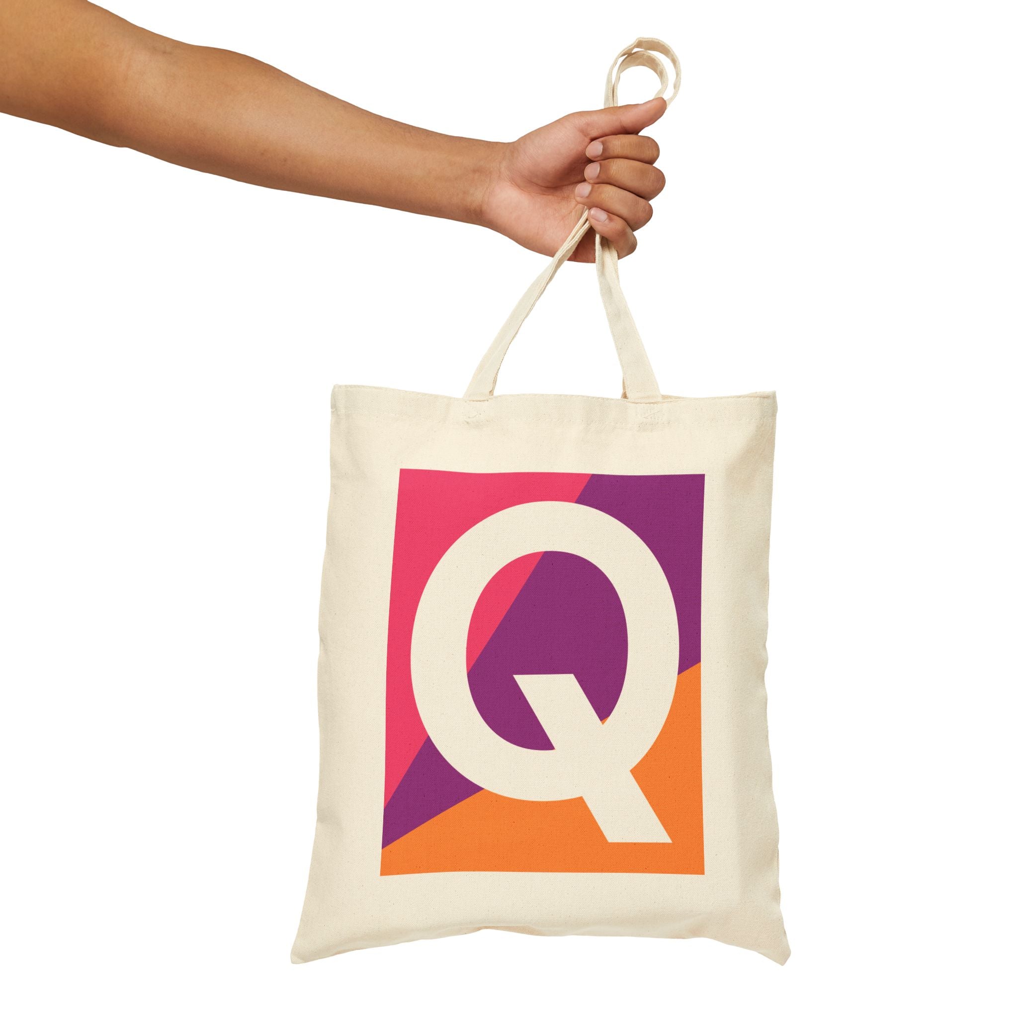 Initial Q Colorblock Canvas Tote Bag — Monogram Letter Q Reusable Grocery Tote