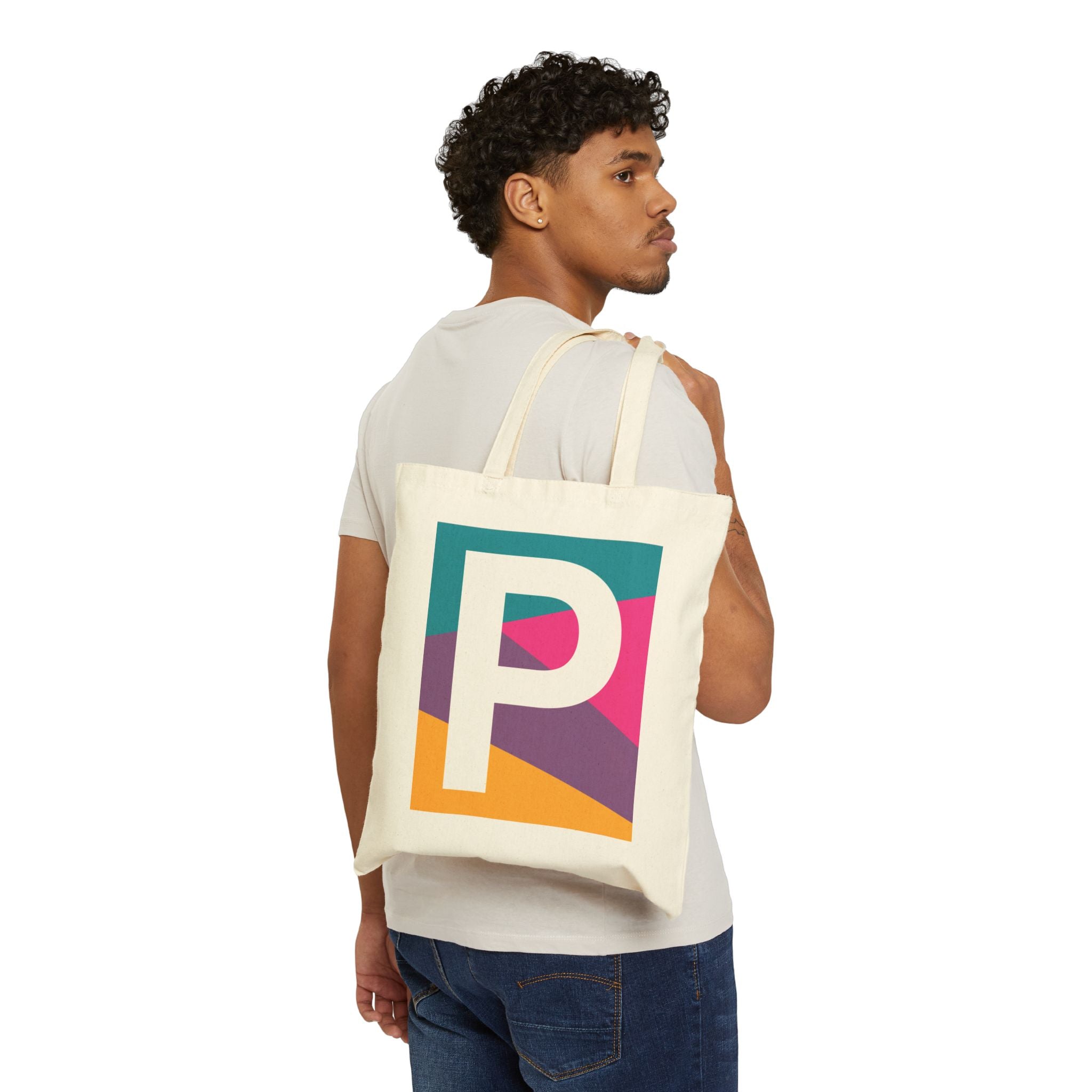 Initial P Colorblock Canvas Tote Bag — Monogram Letter P Reusable Grocery Tote