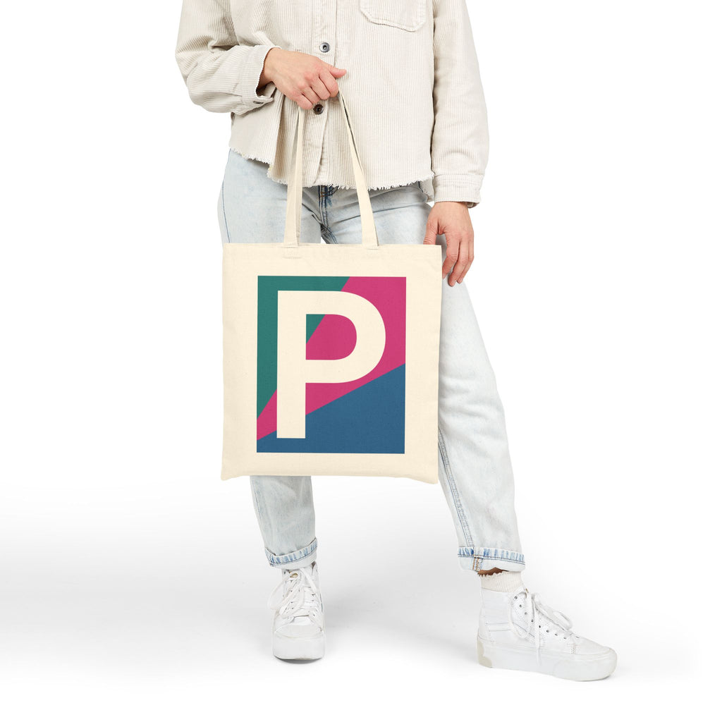 Initial P Colorblock Canvas Tote Bag — Monogram Letter P Reusable Grocery Tote