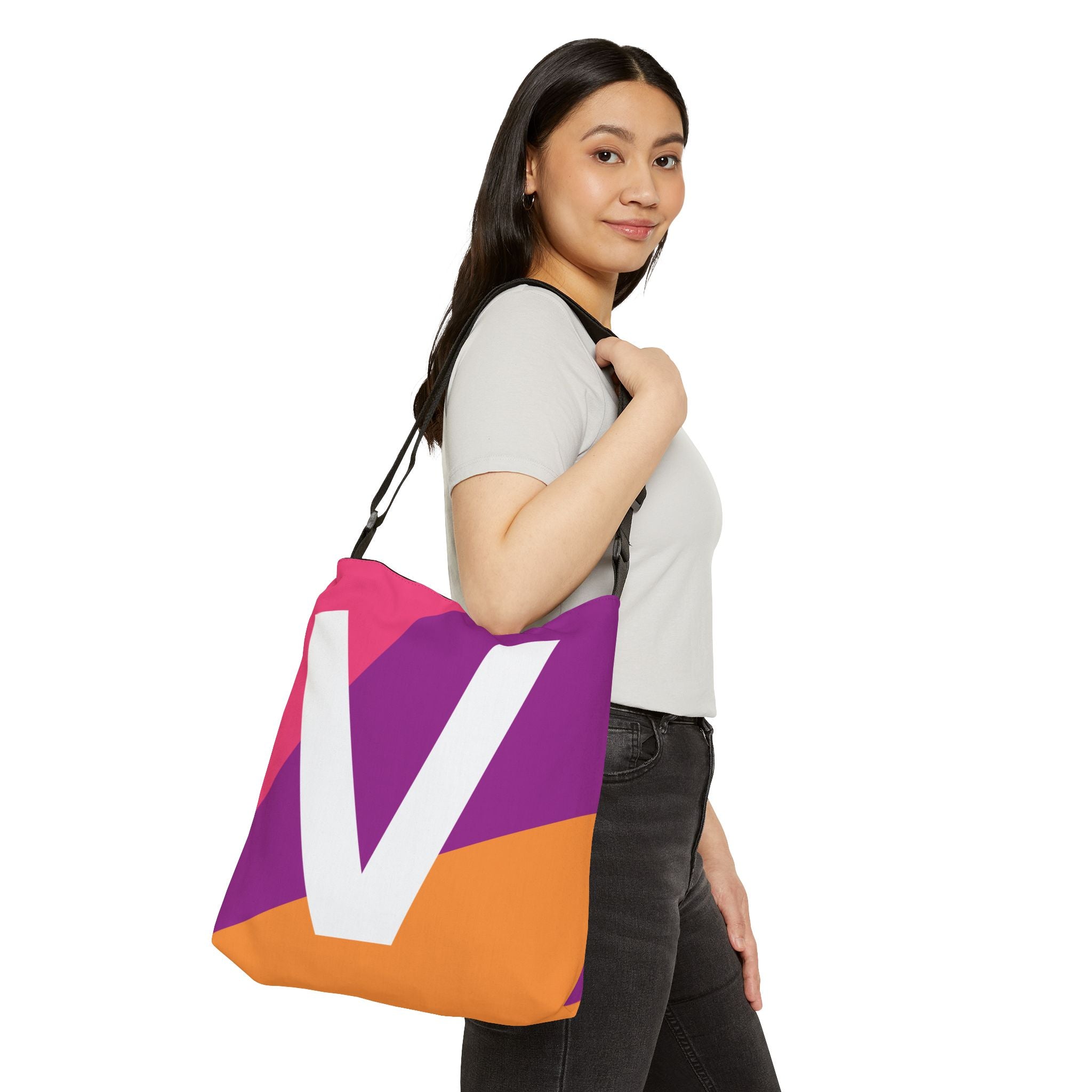 Initial Letter 'V' Colorblock Adjustable Tote Bag — Monogram Alphabet Shoulder Bag