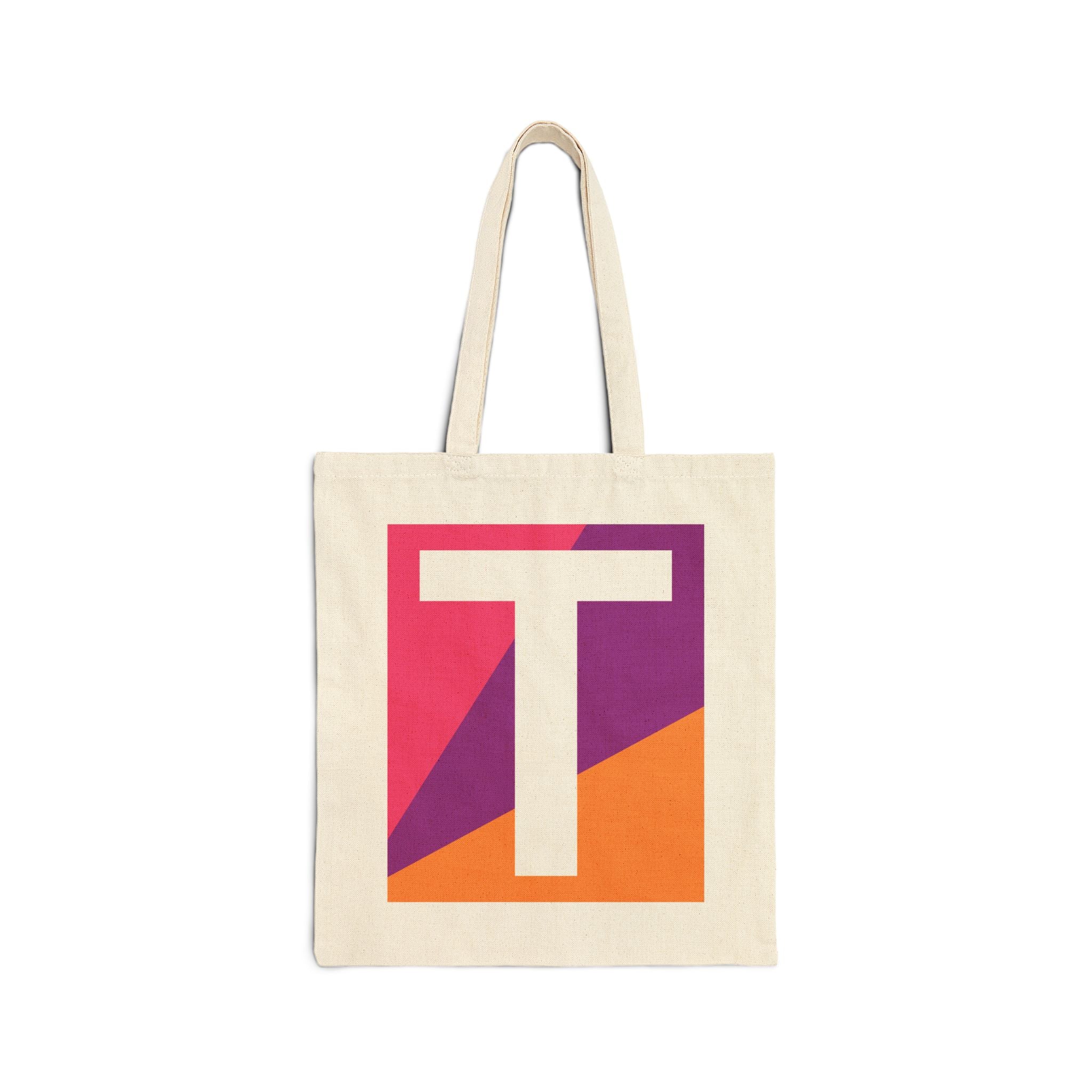 Initial T Colorblock Canvas Tote Bag — Monogram Letter T Reusable Grocery Tote