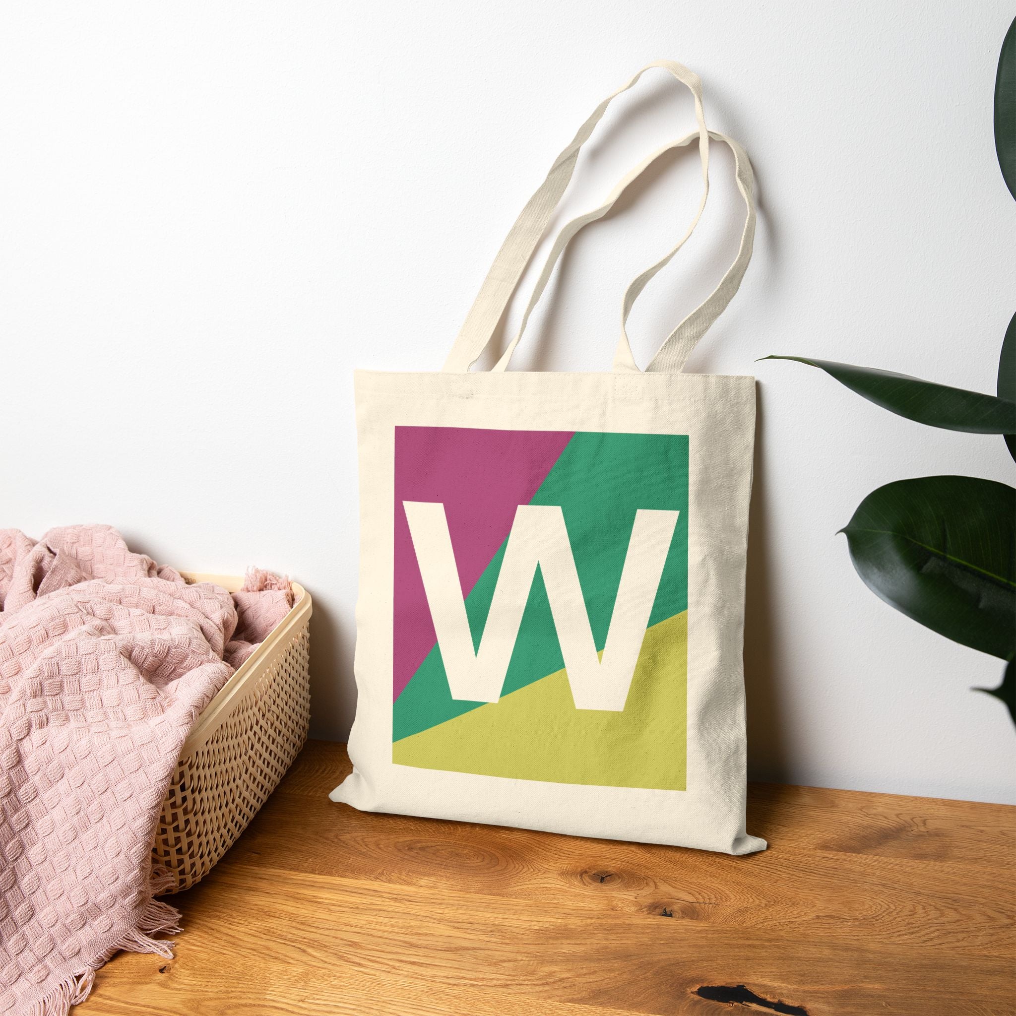 Initial W Colorblock Canvas Tote Bag — Monogram Letter W Reusable Grocery Tote