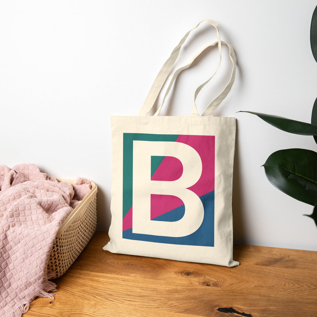 Initial B Colorblock Canvas Tote Bag — Monogram Letter B Reusable Grocery Tote