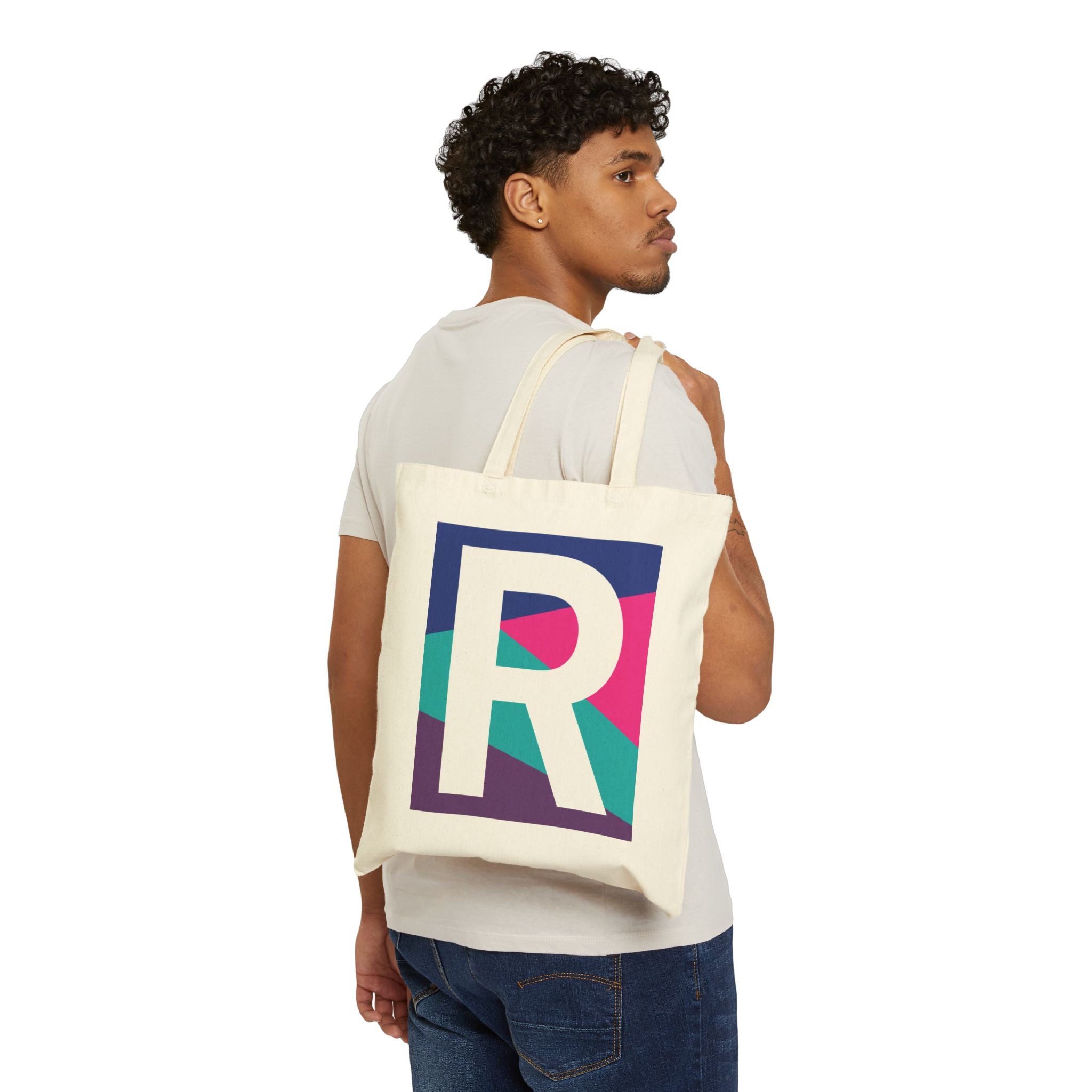 Initial R Colorblock Canvas Tote Bag — Monogram Letter R Reusable Grocery Tote