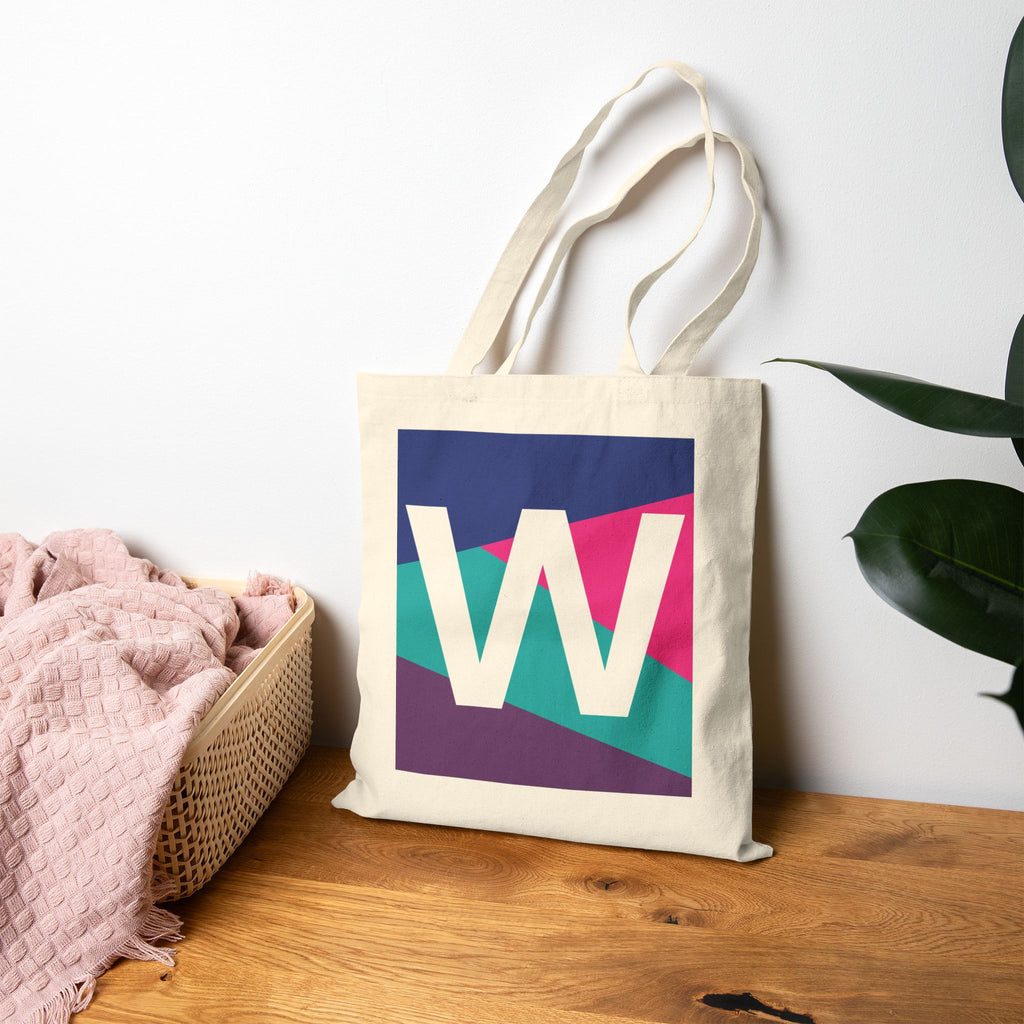 Initial W Colorblock Canvas Tote Bag — Monogram Letter W Reusable Grocery Tote