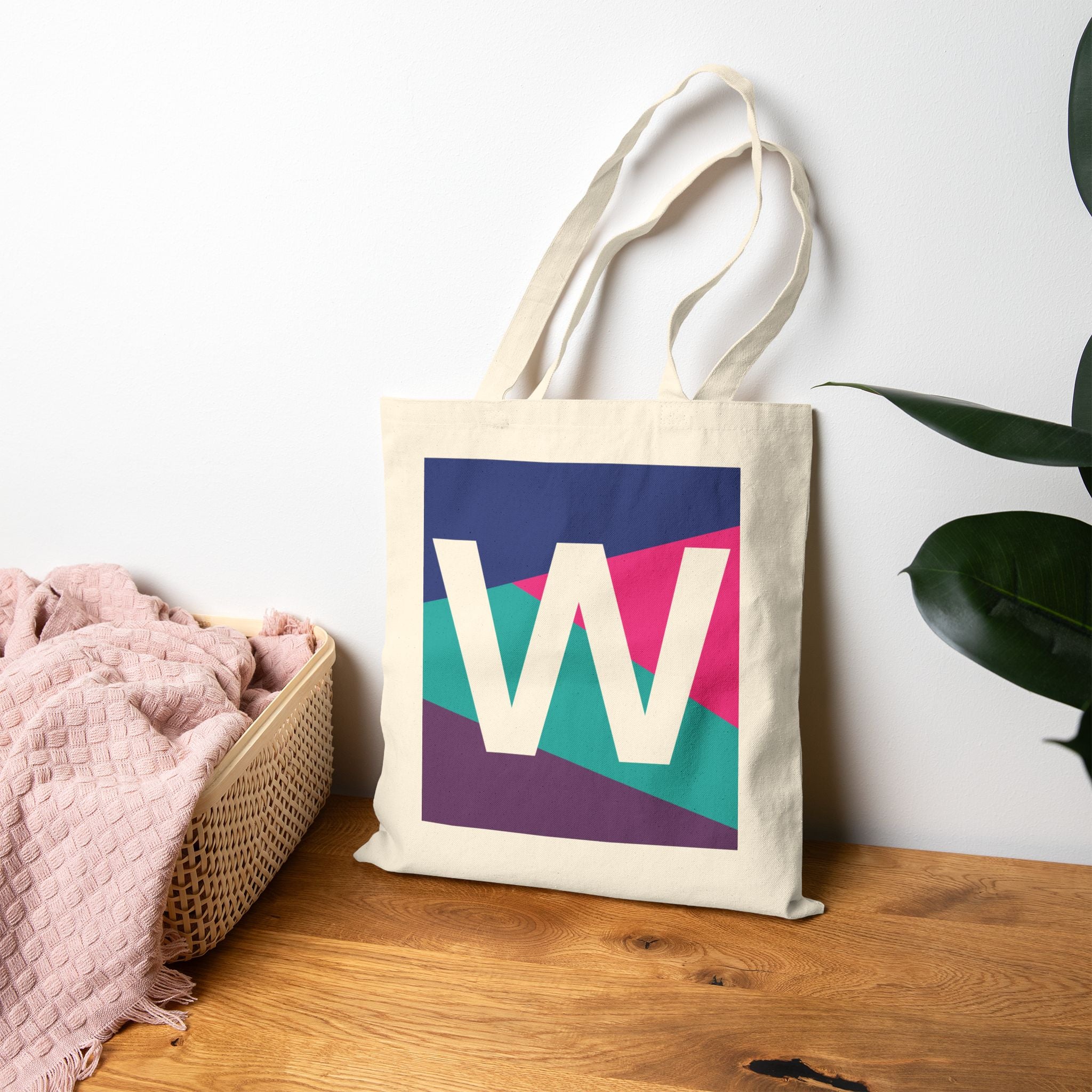Initial W Colorblock Canvas Tote Bag — Monogram Letter W Reusable Grocery Tote