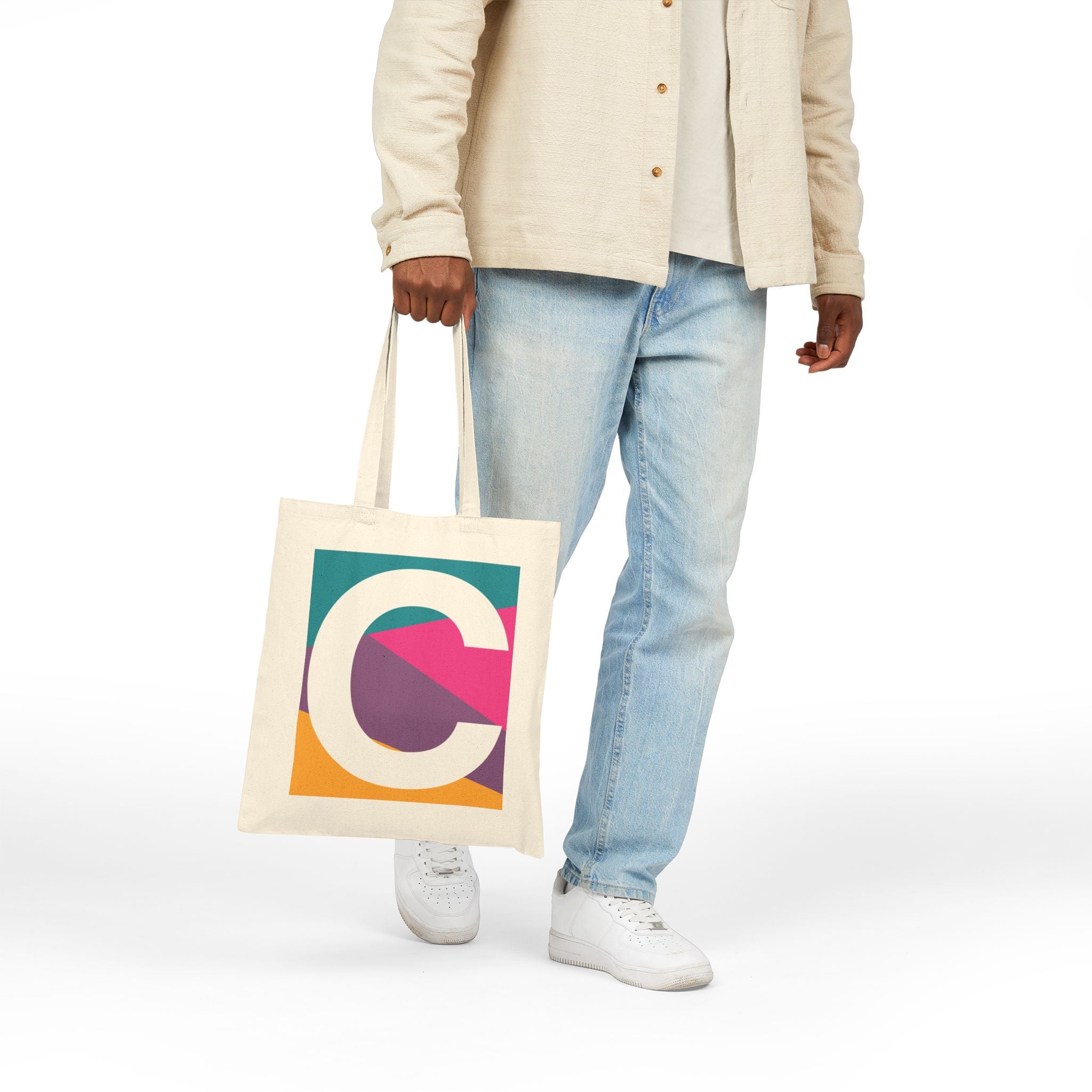 Initial C Colorblock Canvas Tote Bag — Monogram Letter C Reusable Grocery Tote