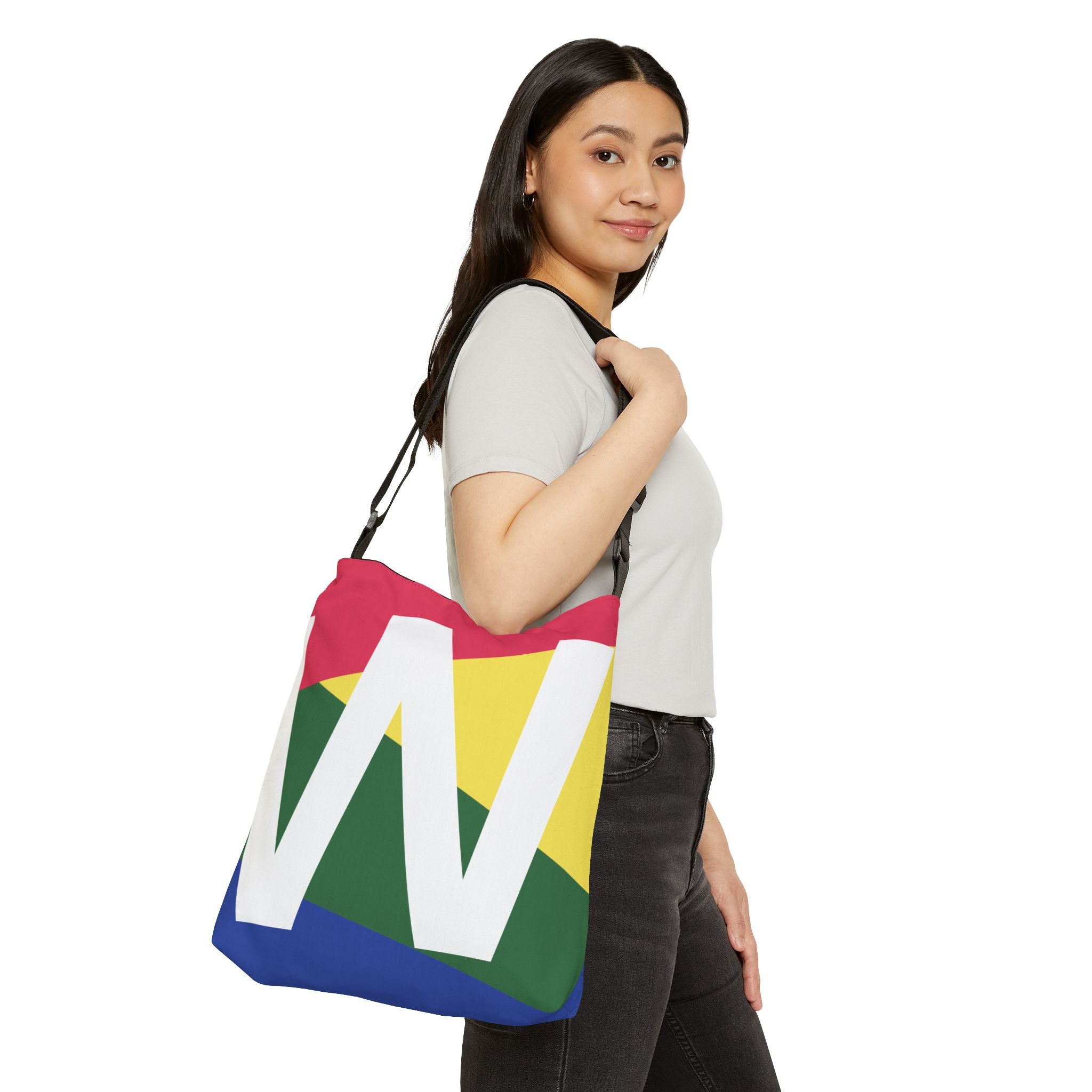 Initial Letter 'W' Colorblock Adjustable Tote Bag — Monogram Alphabet Shoulder Bag