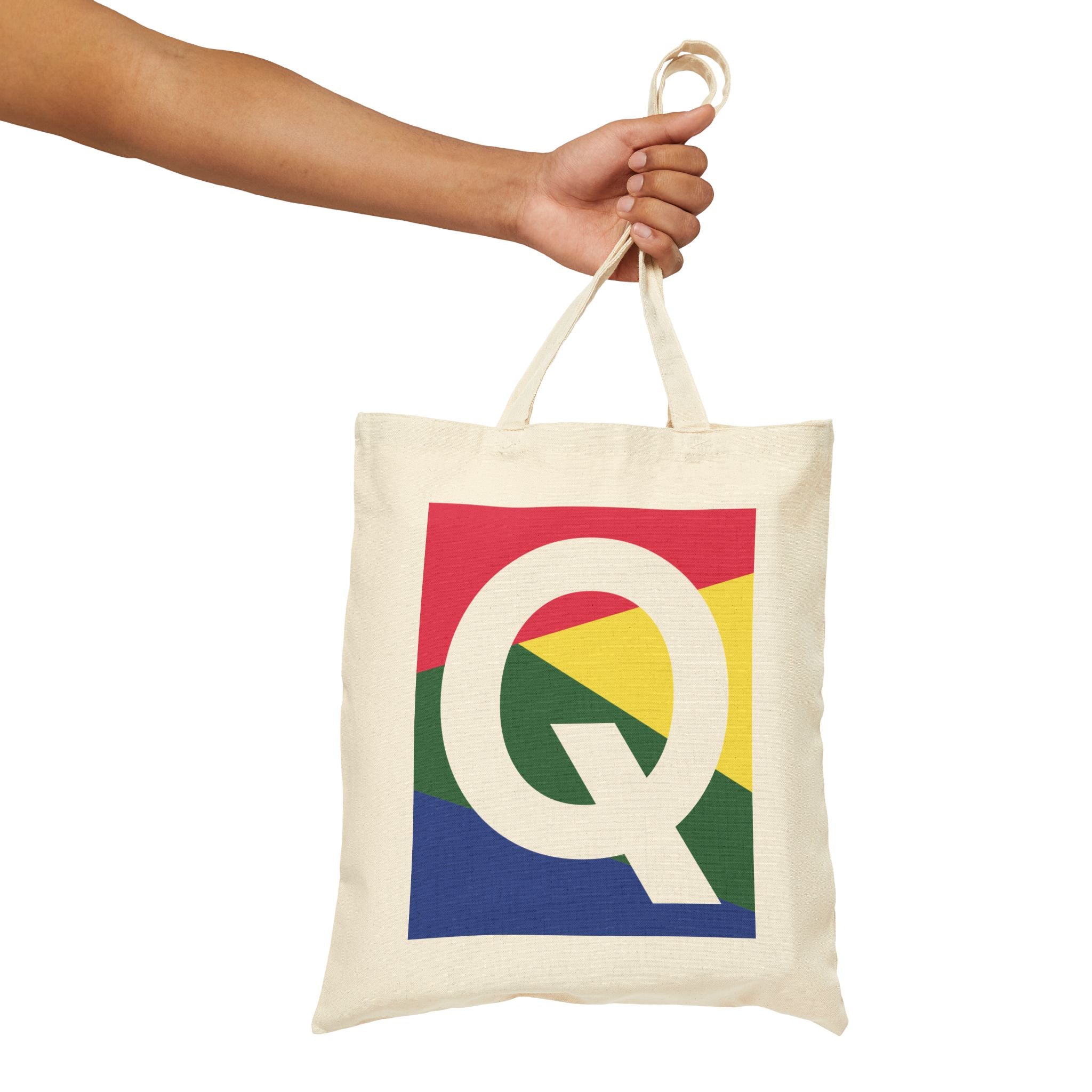 Initial Q Colorblock Canvas Tote Bag — Monogram Letter Q Reusable Grocery Tote