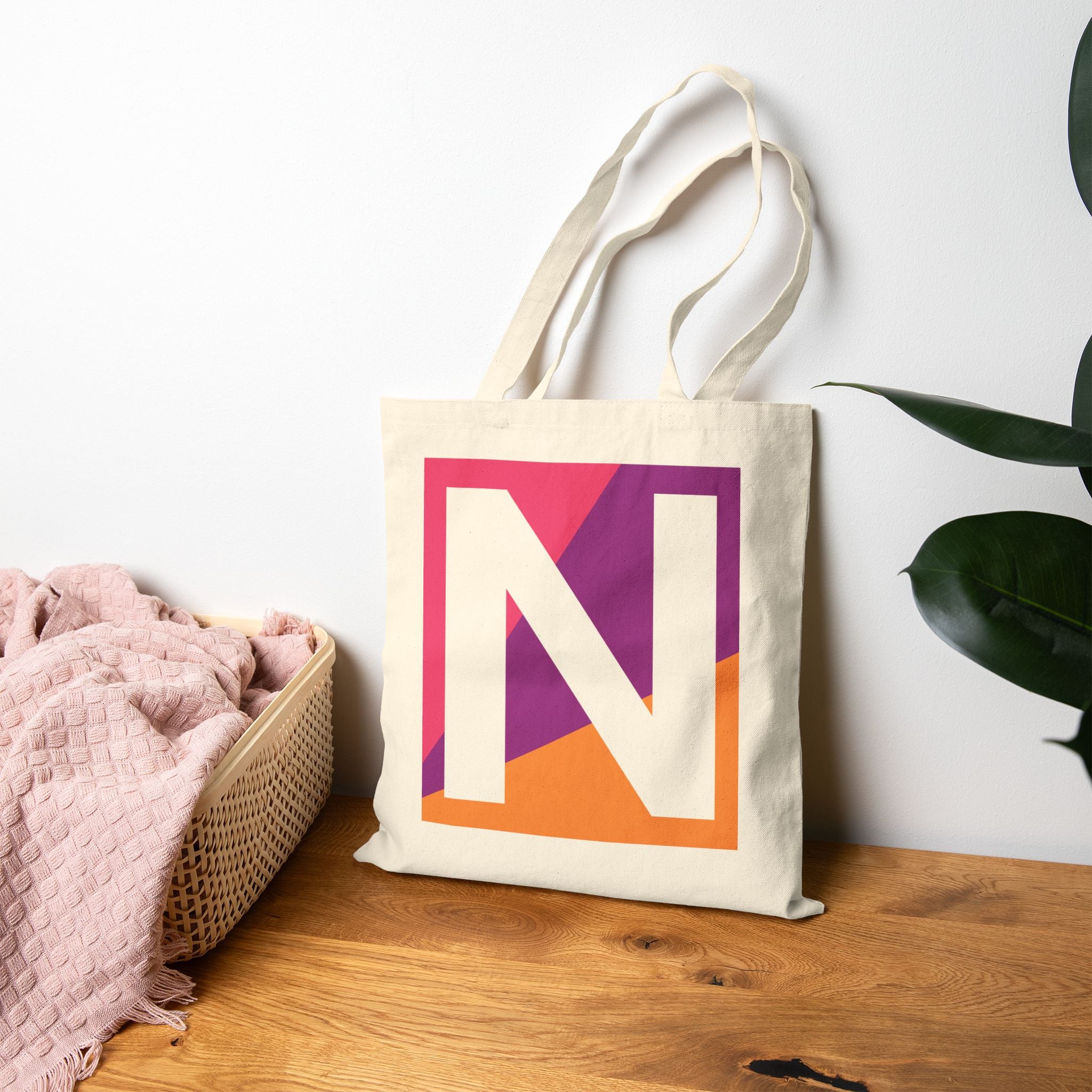 Initial N Colorblock Canvas Tote Bag — Monogram Letter N Reusable Grocery Tote