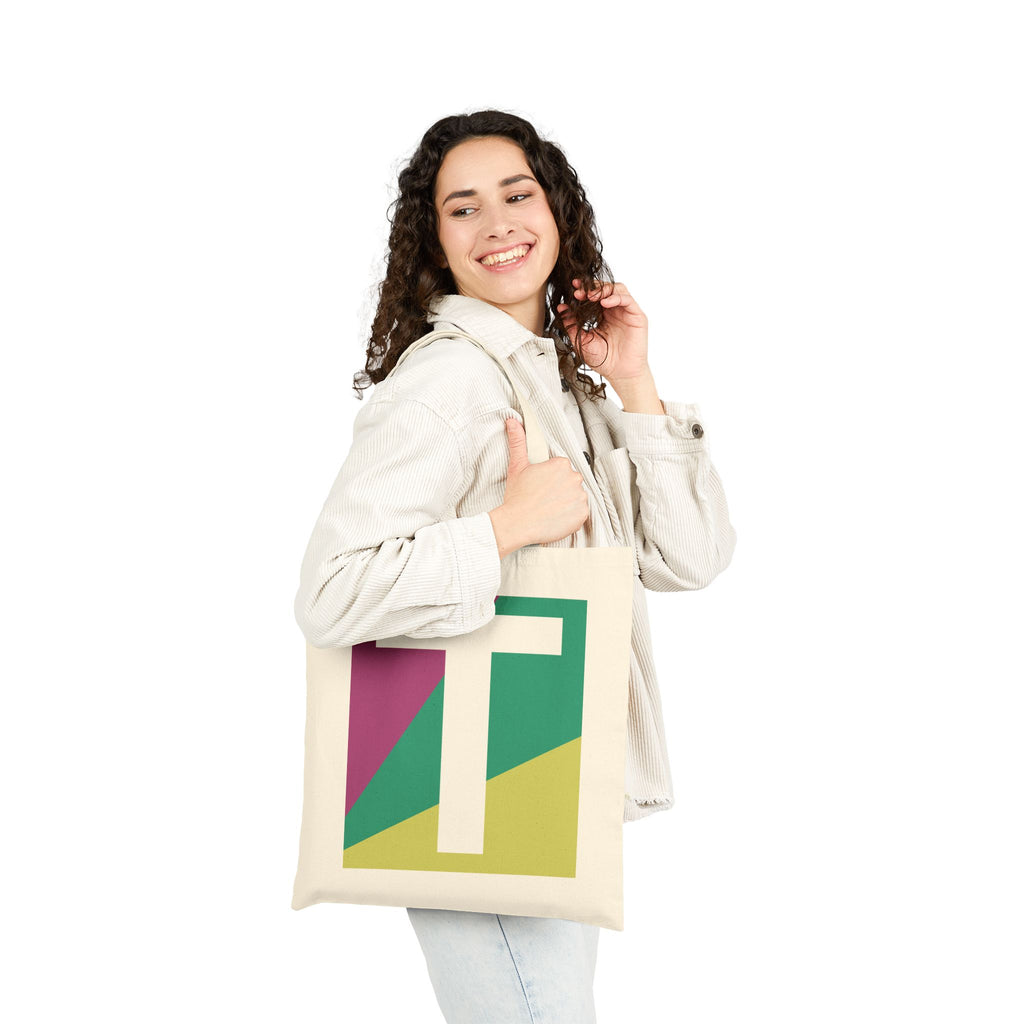 Initial T Colorblock Canvas Tote Bag — Monogram Letter T Reusable Grocery Tote