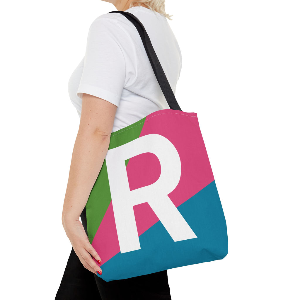 Monogram 'R' Colorblock Tote Bag — Personalized Initial R Shoulder Tote
