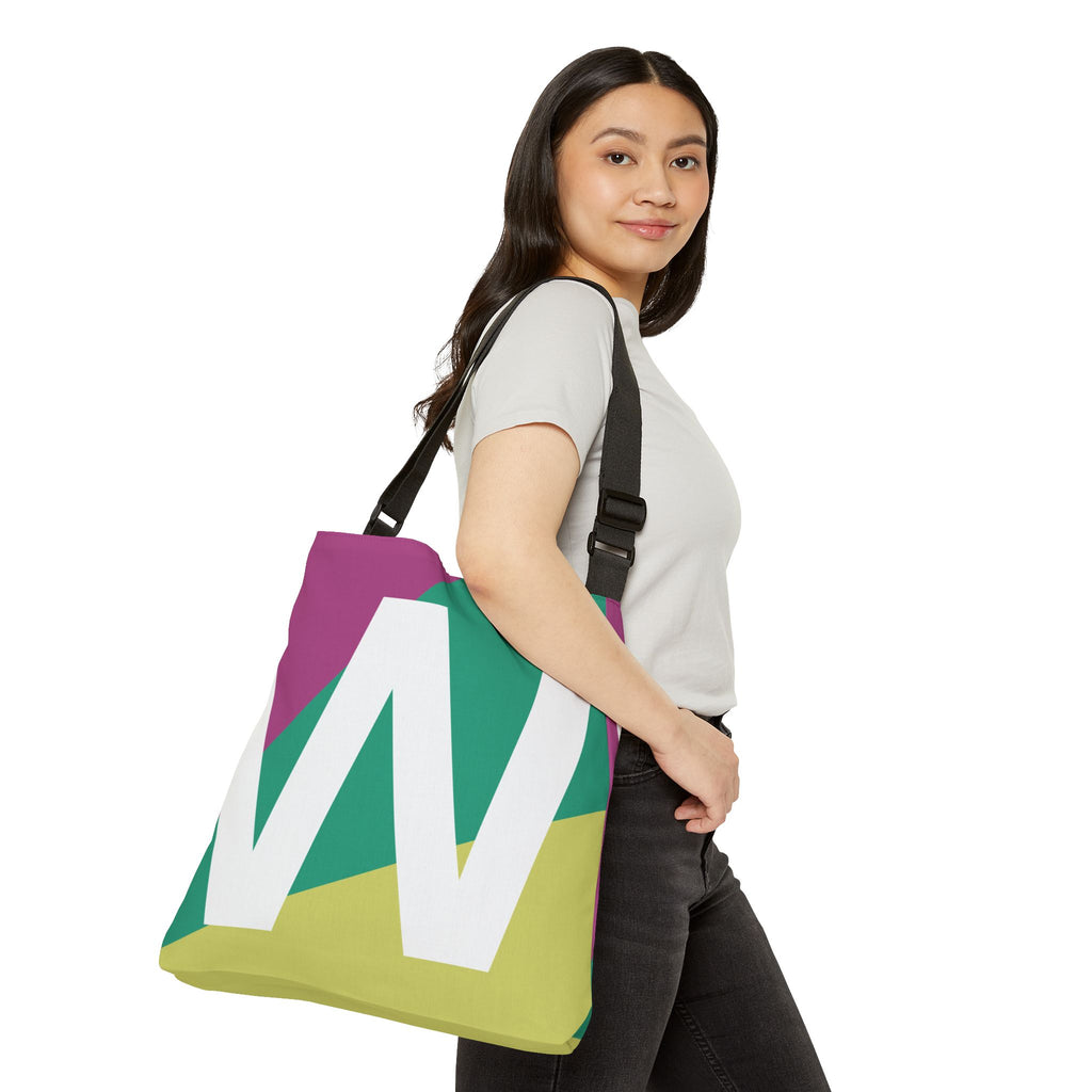 Initial Letter 'W' Colorblock Adjustable Tote Bag — Monogram Alphabet Shoulder Bag